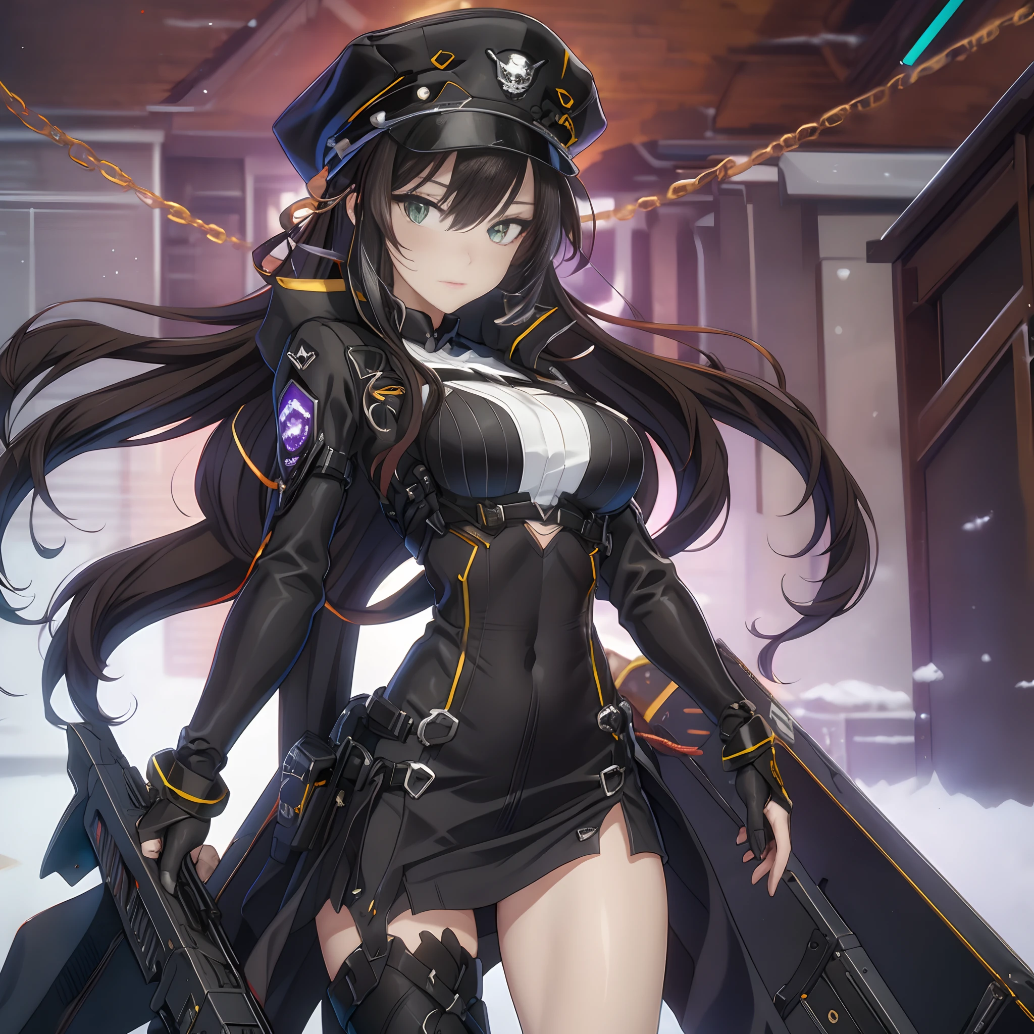 The alone young long waist brown tie hair woman as the lone character, yellow ribbon hair tie, left violet eye, right green eye, hetero eye, sitting on the bed , command room, high resolution, sci-fi battlefield , Hyper detail mature face, black jacket, black cap, black skirt, chest part expose, white necktie, black short pant, black suitcase, black glove, high res, ultra sharp, detail finger, 5 finger, Shooting pose, visible hip, explosion effect, a determined expression on her face。The background is dark and gritty,There is a sense of danger and a strong feeling。The text is bold and eye-catching,With catchy slogans,Adds to the overall drama and excitement。The color palette is dominated by dark colors,Dotted with bright colors,Make the poster dynamic and visually striking,(Magazines:1.3), (Cover-style:1.3), Fashion, vibrant, Outfit, posing on a, Front, rich colorful,Background with,element in,self-assured,Expressing the,halter,statement,Attachment,A majestic,coil,Runt,Touching pubic area,Scenes,text,Cover of a,boldness,attention-grabbing,titles,Fashion,typeface,,Best quality at best,Hyper-detailing,8K ,hyper HD
