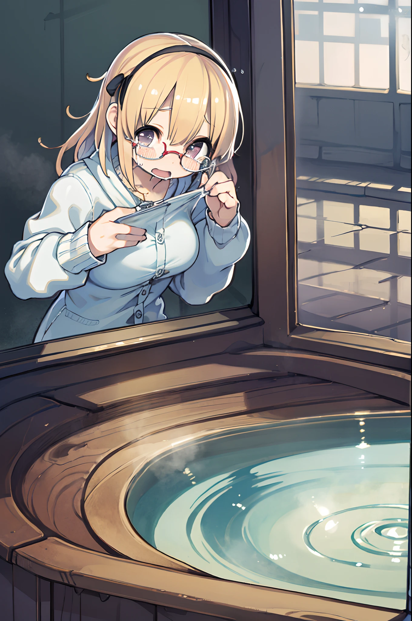 masutepiece, Best Quality,8K resolution,Realistic,, 1 girl, Crying, Girl wiping glass、Big round glasses、