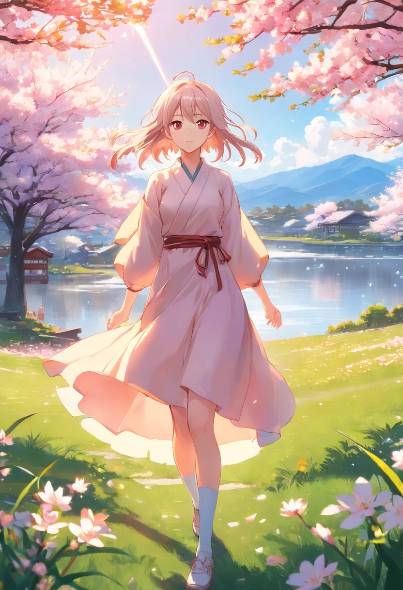 (Highest picture quality), (Master's work),(Detailed eyes description),(Detailed face description),
1girl,red eyes,white hair,(very long hair),very long hair (floating in the wind),hair ornament,white dress,small breast,bare legs,white socks,leather shoes,arms and hands behind back,blush,fluttering grass,(spring,sakura blossoms),petals,(lens flare),altocumulus,dazzling light,cool breeze,(shade) of [a sakura tree],meadow,(the grass is growing and the birds are flying),(lake,surface reflection)
(magazine:1.3), (cover-style:1.3), fashionable, woman, vibrant, outfit, posing, front, colorful, dynamic, background, elements, confident, expression, holding, statement, accessory, majestic, coiled, around, touch, scene, text, cover, bold, attention-grabbing, title, stylish, font, catchy, headline, larger, striking, modern, trendy, focus, fashion,
