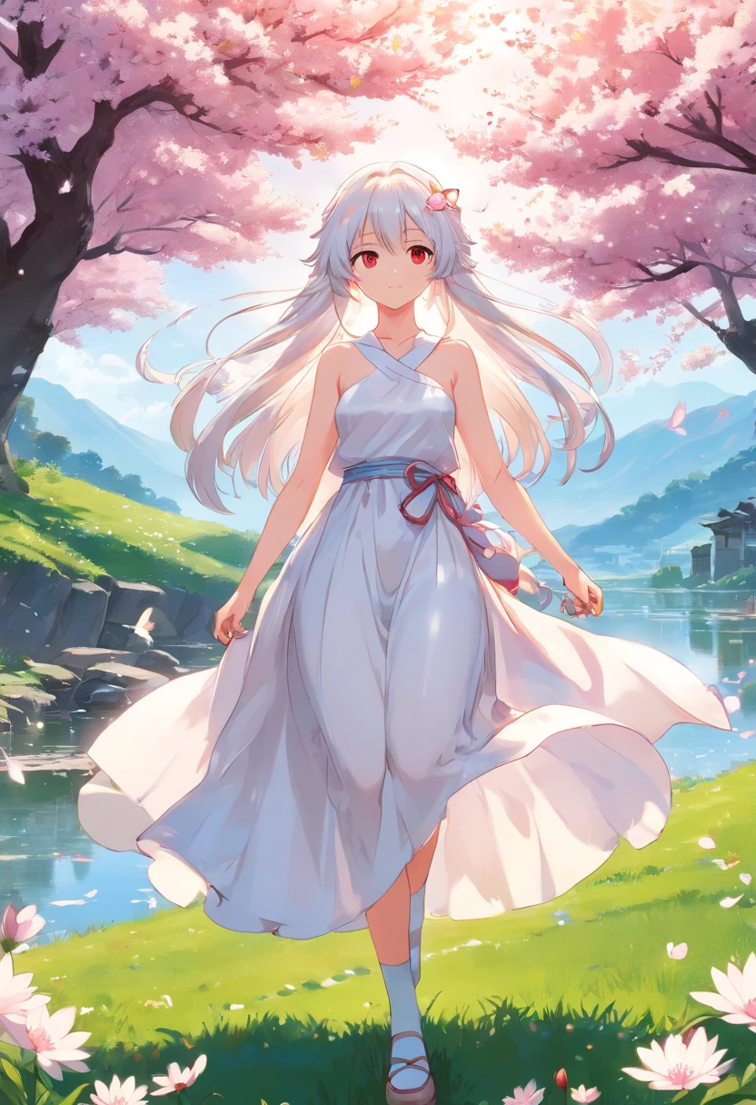 (Highest picture quality), (Master's work),(Detailed eyes description),(Detailed face description),
1girl,red eyes,white hair,(very long hair),very long hair (floating in the wind),hair ornament,white dress,small breast,bare legs,white socks,leather shoes,arms and hands behind back,blush,fluttering grass,(spring,sakura blossoms),petals,(lens flare),altocumulus,dazzling light,cool breeze,(shade) of [a sakura tree],meadow,(the grass is growing and the birds are flying),(lake,surface reflection)
(magazine:1.3), (cover-style:1.3), fashionable, woman, vibrant, outfit, posing, front, colorful, dynamic, background, elements, confident, expression, holding, statement, accessory, majestic, coiled, around, touch, scene, text, cover, bold, attention-grabbing, title, stylish, font, catchy, headline, larger, striking, modern, trendy, focus, fashion,