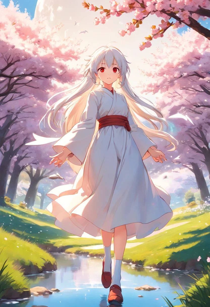 (Highest picture quality), (Master's work),(Detailed eyes description),(Detailed face description),
1girl,red eyes,white hair,(very long hair),very long hair (floating in the wind),hair ornament,white dress,small breast,bare legs,white socks,leather shoes,arms and hands behind back,blush,fluttering grass,(spring,sakura blossoms),petals,(lens flare),altocumulus,dazzling light,cool breeze,(shade) of [a sakura tree],meadow,(the grass is growing and the birds are flying),(lake,surface reflection)
(magazine:1.3), (cover-style:1.3), fashionable, woman, vibrant, outfit, posing, front, colorful, dynamic, background, elements, confident, expression, holding, statement, accessory, majestic, coiled, around, touch, scene, text, cover, bold, attention-grabbing, title, stylish, font, catchy, headline, larger, striking, modern, trendy, focus, fashion,