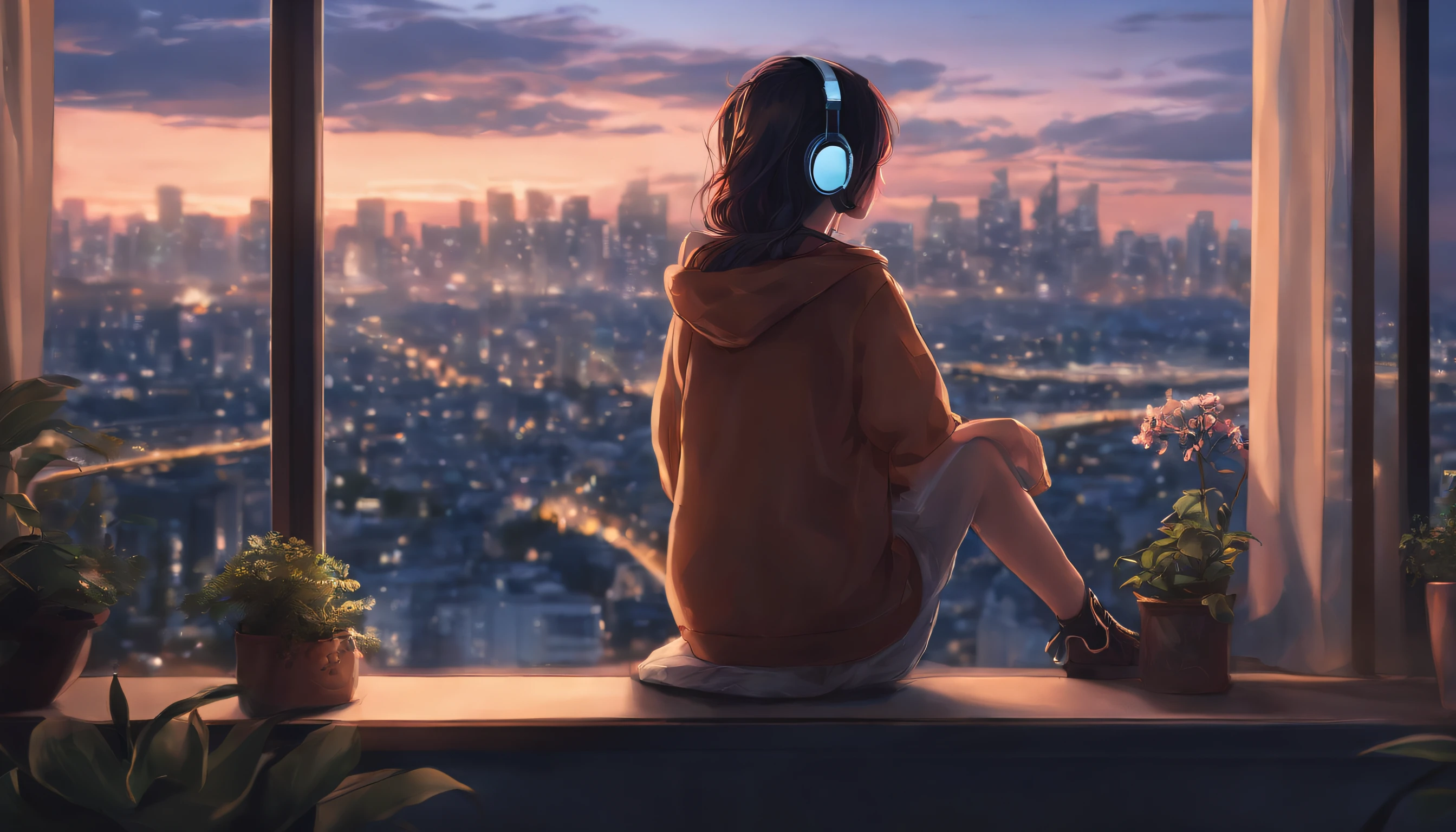 anime girl with headphones looking out a window at a city, lofi girl, anime vibes, lofi artstyle, anime style 4 k, anime aesthetic, nightcore, lofi feel, lofi art, anime art wallpaper 4 k, anime art wallpaper 4k, anime wallpaper 4 k, anime wallpaper 4k, lofi vibes
