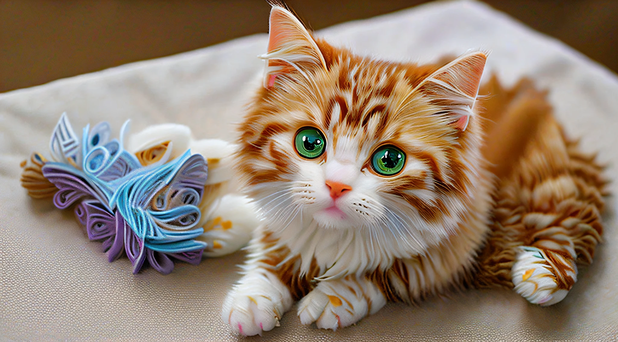 superadorable, supercute, adorable, cute, fluffy, fluffy, cuddly, itty bitty kitty by artist "Thomas Kinkade", by artist "Hayao Miyazaki", quilling, anime, insanely detailed and intricate, beautiful, realistic, ethereal, fantasy, hyperdetailed, mist,serene. detailed, realistic