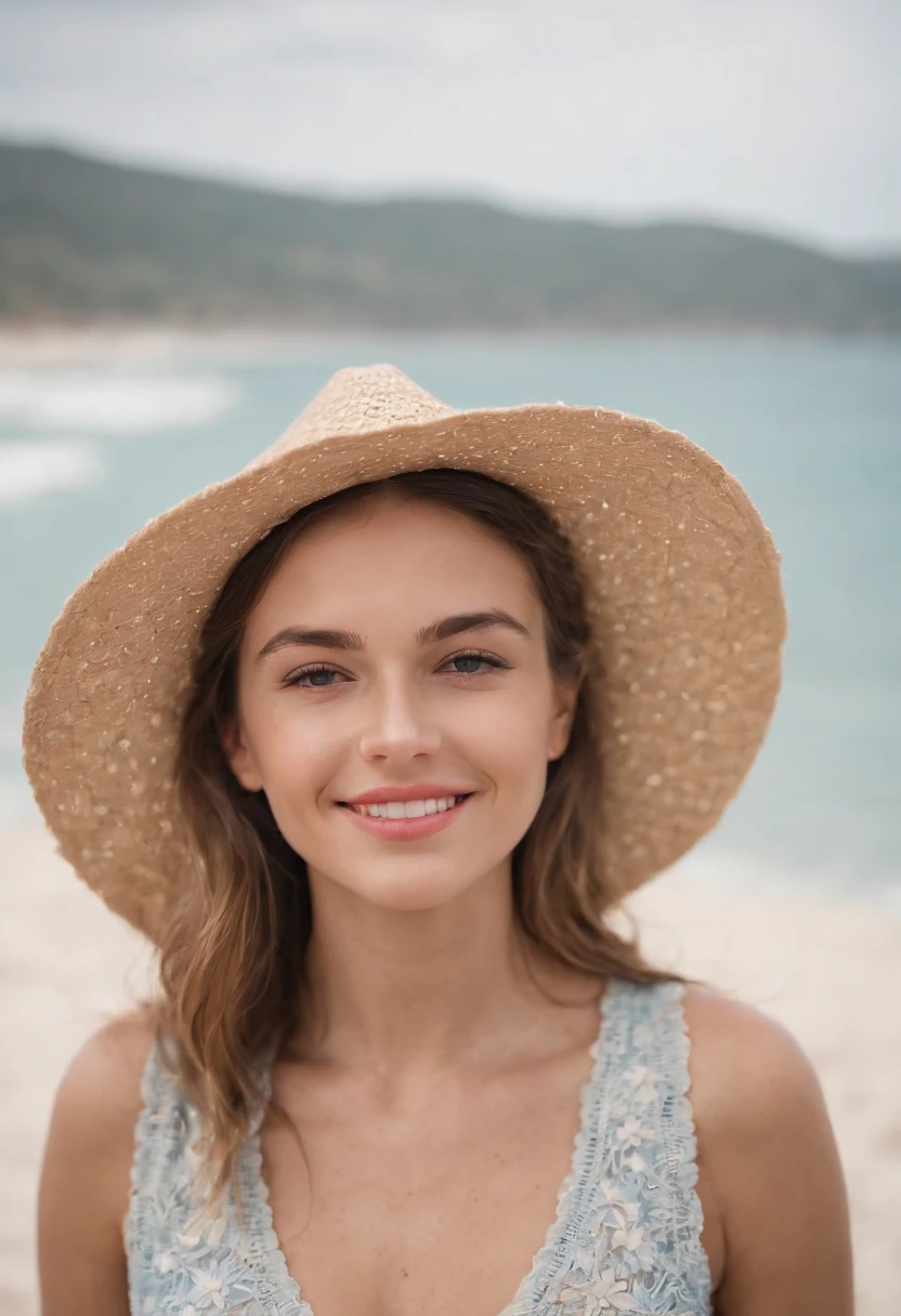 smiling young woman on the beach with hat by jorge corenas for stocksy united, in the style of mountainous vistas, 32k uhd, sky-blue, spectacular backdrops, snapshot aesthetic, coastal and harbor views, 4k