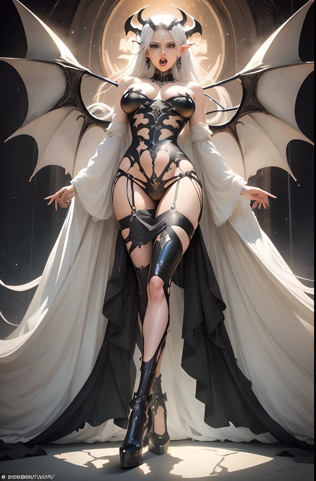 succubus, (wings: extremaly large, symetrical, metalic black ) ,sexy pose, horns, open mouth screaming, perfect body, large brests to the viewer, looking at camera, hand shackles, shackles, dark torn dress, realistic, strong sense of three-dimensional, by Chesley Bonestell
