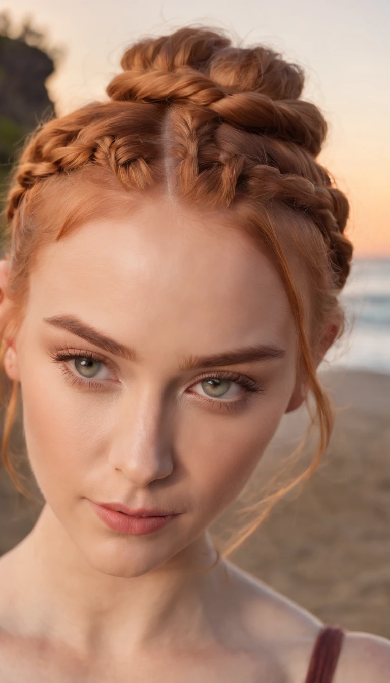 A beautiful young and beautiful attractive girl with ginger braided hair in a bun wearing glamorous makeup, watching the sunset in Hawaii,  looking at the camera, Meio Corpo, fotorrealista