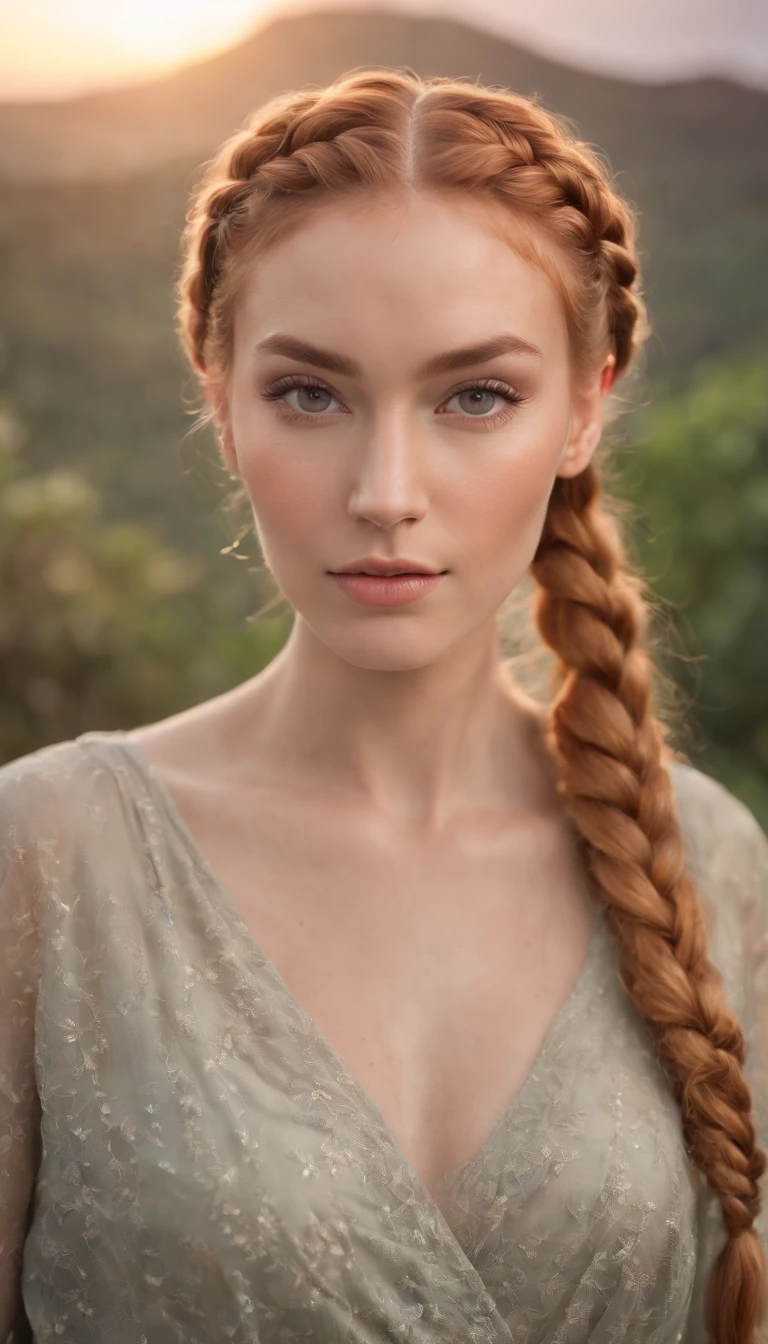 A beautiful young and beautiful attractive girl with ginger braided hair in a bun wearing glamorous makeup, watching the sunset in Hawaii, looking at the camera, Meio Corpo, fotorrealista