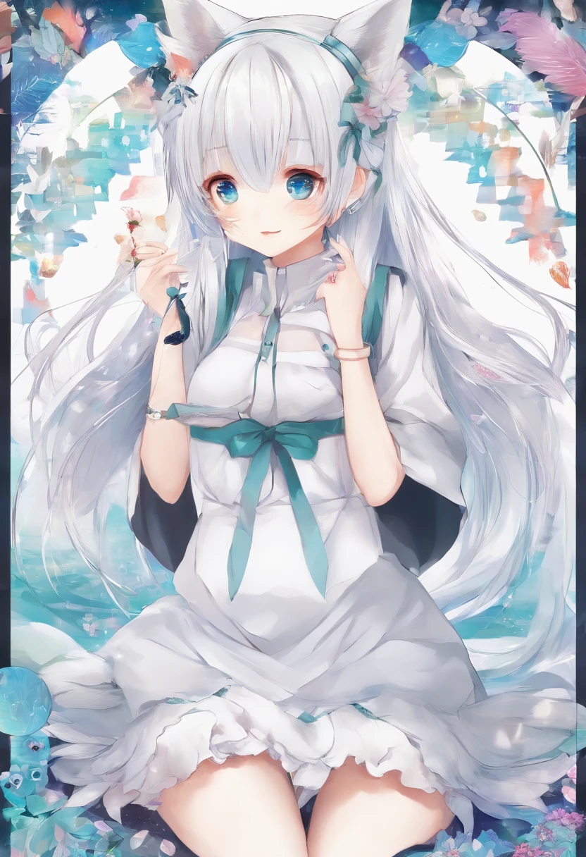 A cute loli，Has fox ears，fox tails，Long straight white hair，White short sleeves black short skirt showing navel，duck sitting，Cyan vertical pupil，Wearing white stockings