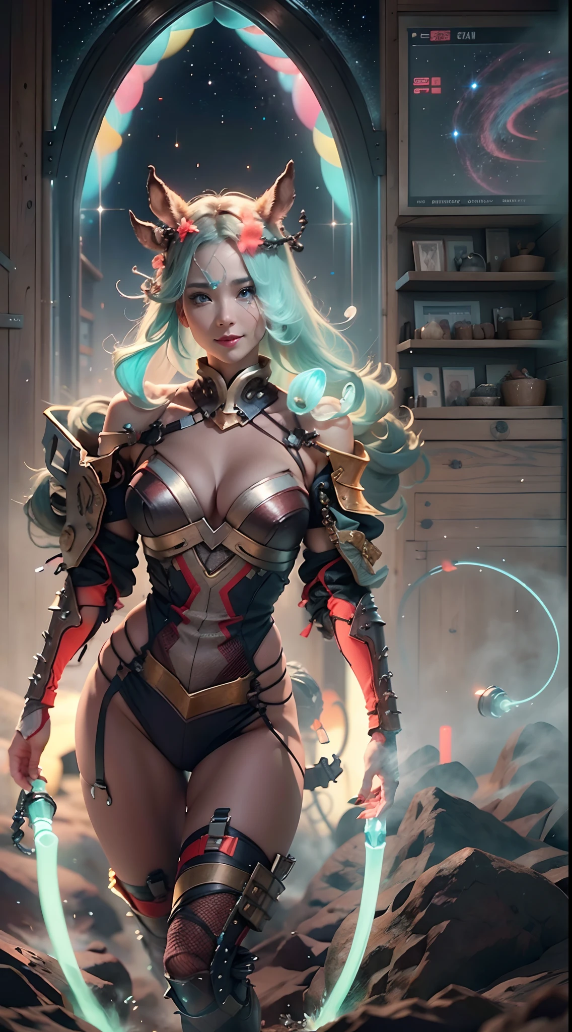 In a very grand scene,The extra-large wide-angle lens captures the appearance of a female centaur。(She is traveling through the stars:9.9),She is tall,It has the ultimate curvy beauty,The muscles are slender and firm,Beautiful lines。Her facial features are tough and coquettish,Always with a sunny smile。She wears special tight-fitting equipment with a strong sense of technology,Step on multifunctional off-road style heels,Delicate and practical protective gear is worn on the hands, feet, wrists, neck and shoulders。The detection equipment around you flashes various cue lights and neon-like information screens,Let her exude a charming brilliance。Use Midjourney's advanced tools,Design special tight-fitting equipment for female centaurs,Highlight her unique physiological characteristics and appearance details,Add realism。And in her adventure scene,Spectacular views of nature,Such as the sky where storms and sunny days alternate、Brilliant rivers of stars and auroras、The snow-capped summit of Mount Everest、Fireworks in the mountain town, etc。ao mesmo tempo,Away from the hustle and bustle of Long Beach Pier is a neon-lit spaceship docked,Create a fantastic scene。Use Midjourney's advanced tools and multiple color palettes、Brush Strokes、Texture tools and model packages,It shows a sense of atmosphere where beauty and charm coexist。The charm of the female centaur is highlighted through color and lines,Enhance realism with detailing,Create a surreal dreamy feeling。Additionally,Use Midjourney's tools to add a variety of extreme sports gear and cultural trinkets to the female centaur,Create intricate hairstyles and outfits,Give her a sense of premium。She never flinches,Regardless of the terrain,can respond quickly,Even the extreme geography and dangerous terrain of aliens cannot stop her。Use Midjourney's powerful tools,You can do it with incredible detail and beauty,Bring this ultra-grand and beautiful scene to life。Ultra-grand scenes,super wide shot, hdr,(真实感,Masterpiece quality,