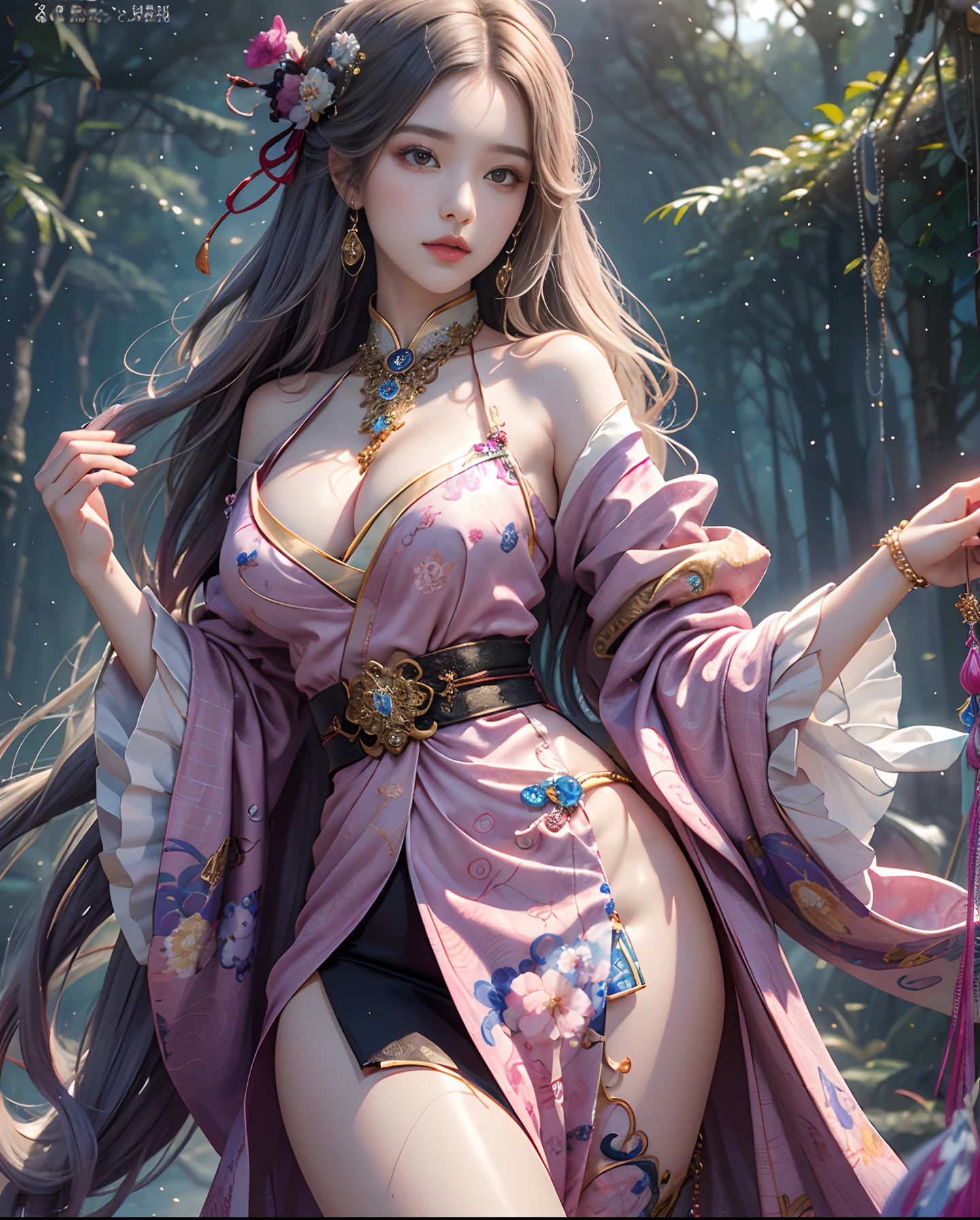 1girl with、Beautiful Kyungsi、Sexy Kyonshi(masutepiece, of the highest quality, Best Quality, Official art, Beautiful and aesthetic:1.2), (1 Fantasy Girl), Extremely detailed, Glamorous Jewelry, long shapeless hair, (Fractal Art:1.3),Colorful,Highest detail.