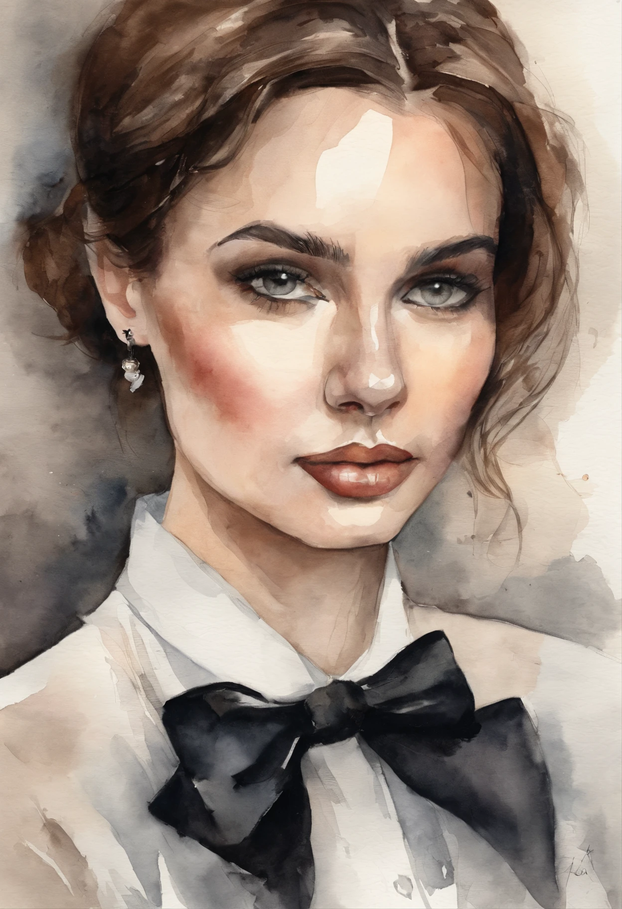 Short brown hair, Black eyes, Plain white long-sleeved shirt, Black bow tie, Black skirt, Black knee-length stockings, Transparent background, view the viewer.
