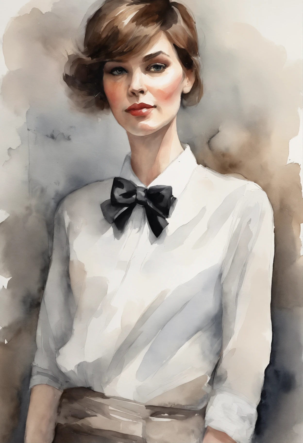 Short brown hair, Black eyes, Plain white long-sleeved shirt, Black bow tie, Black skirt, Black knee-length stockings, Transparent background, view the viewer.