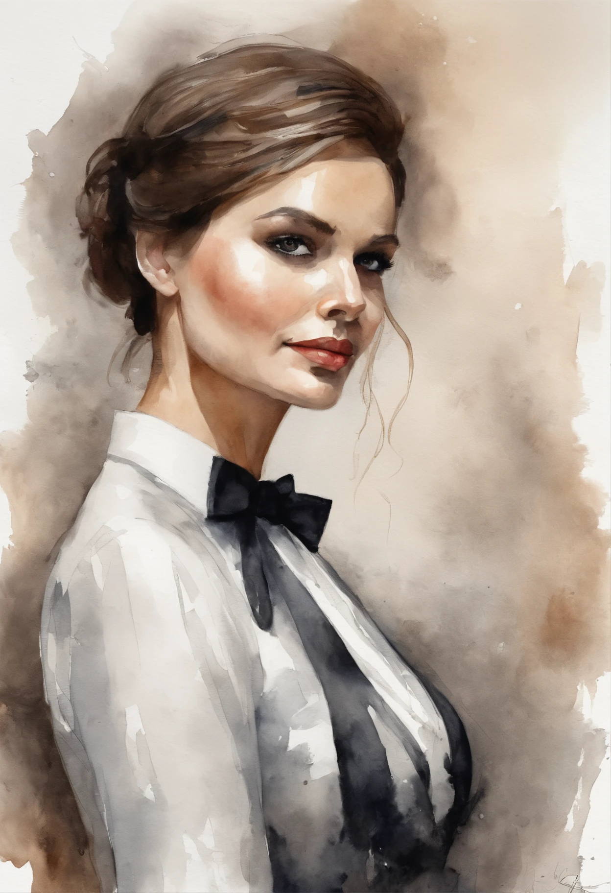 Short brown hair, Black eyes, Plain white long-sleeved shirt, Black bow tie, Black skirt, Black knee-length stockings, Transparent background, view the viewer.
