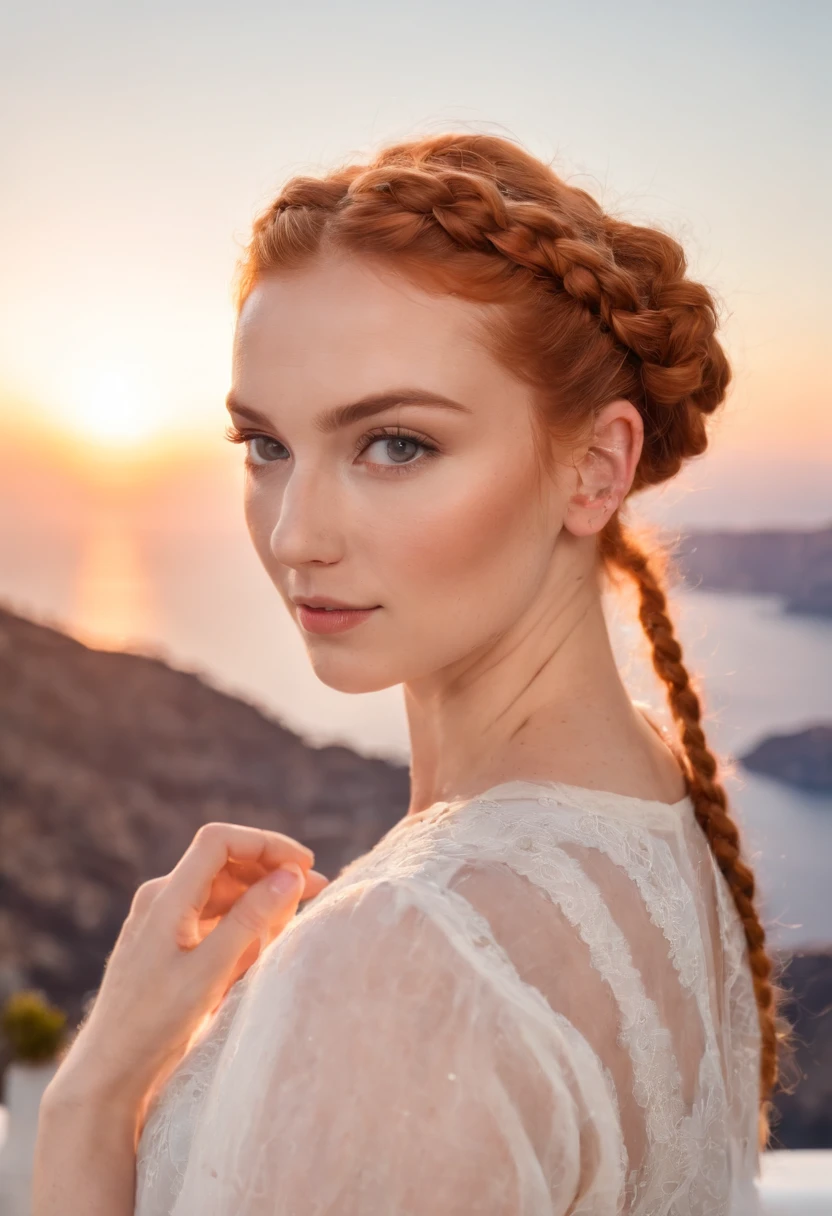 A beautiful young and beautiful attractive girl with ginger braided hair in a bun wearing glamorous makeup, watching the sunset in Santorini, Greece. looking at the camera, Meio Corpo, fotorrealista