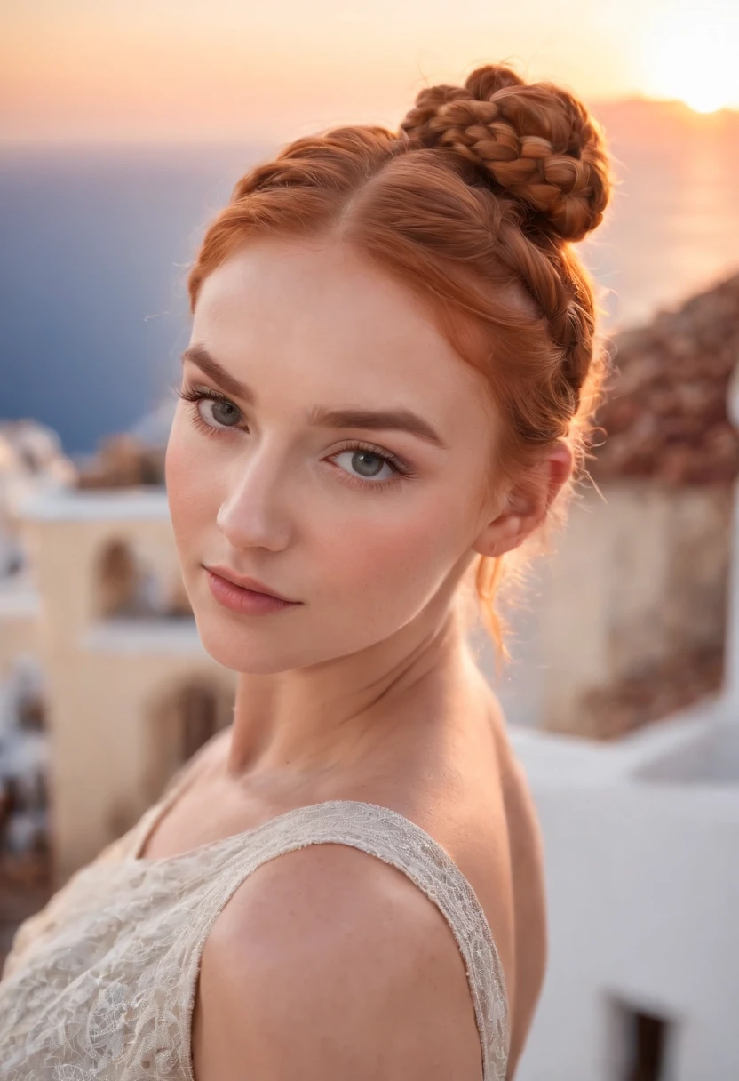 A beautiful young and beautiful attractive girl with ginger braided hair in a bun wearing glamorous makeup, watching the sunset in Santorini, Greece. looking at the camera, Meio Corpo, fotorrealista