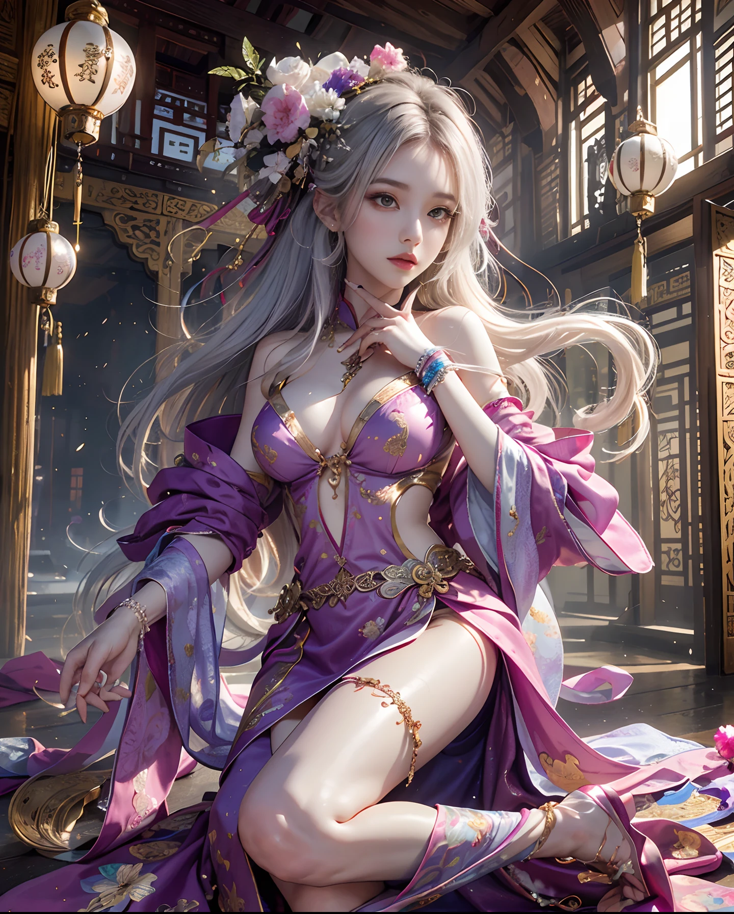 1girl with、Beautiful Kyungsi、Chinese Haunted Kyonshi Costume、Sexy Kyonshi(masutepiece, of the highest quality, Best Quality, Official art, Beautiful and aesthetic:1.2), (1 Fantasy Girl), Extremely detailed, Glamorous Jewelry, long shapeless hair, (Fractal Art:1.3),Colorful,Highest detail.beautiful long leg、