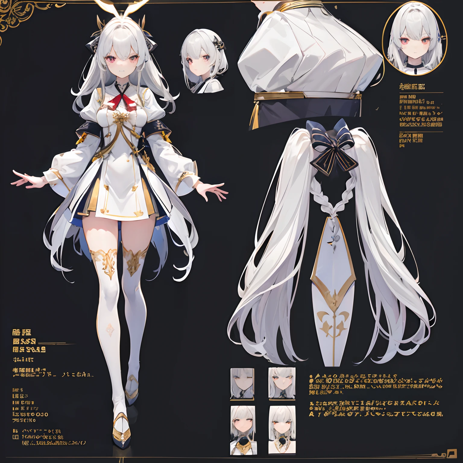 (masuter piece,Best Quality,Ultra-detailed), (Character Sheet:1.2),Full body, School uniform, Front view, Side view, posterior view, Golden Eyes, Glowing pupils, delicate hair ornaments, long straight gray hair, bow ribbon, lightsmile, 校服, Reference table, nffsw, ccurate, Super Detail, solidbackground, high detailing, 4K,Dagger decoration,the same character