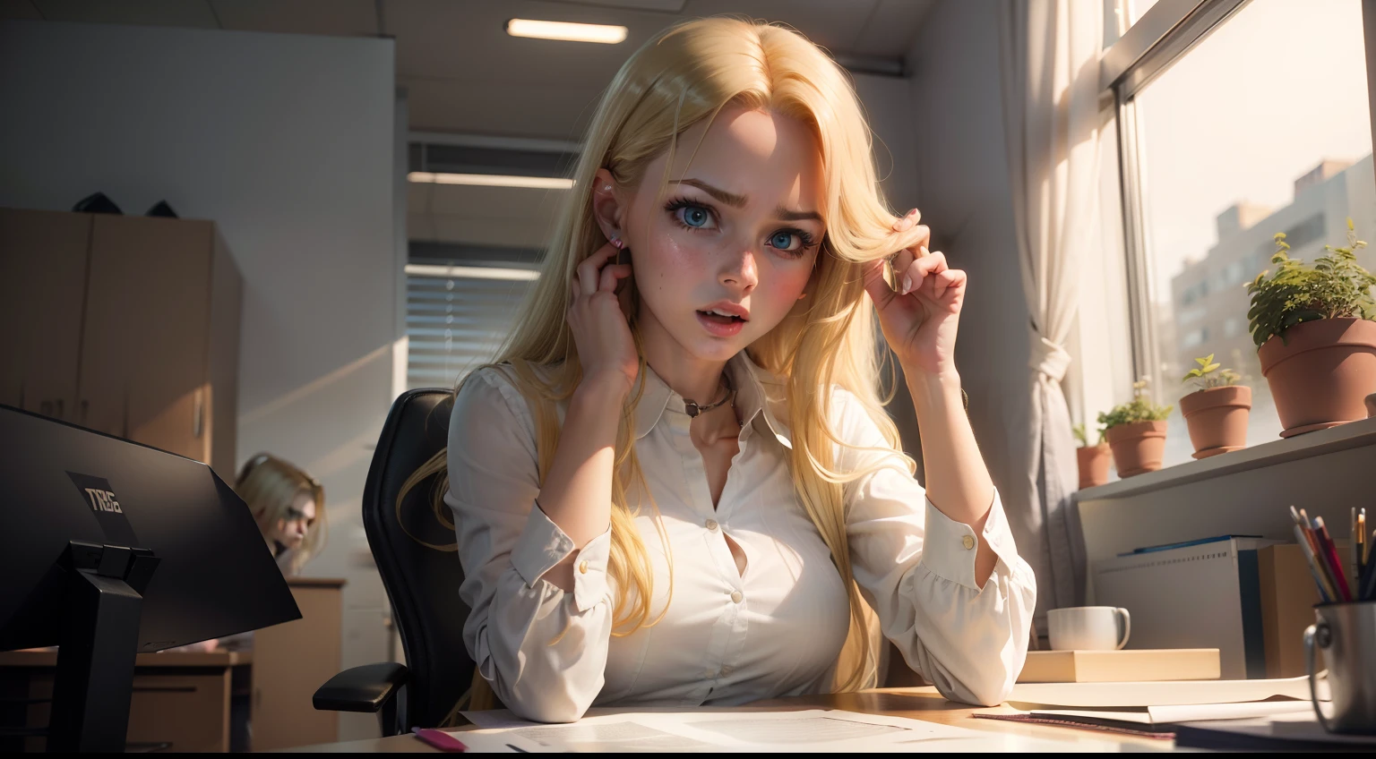 Abigail, a blonde hair young woman, feeling shocked, in office