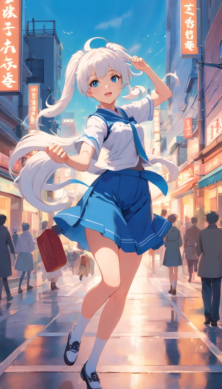 white color hair，Double ponytail curls，blue color eyes，White Lolita，Beth，A bustling city street , Japanese Uniform, Happy, Jump, Full Body, Long Shote