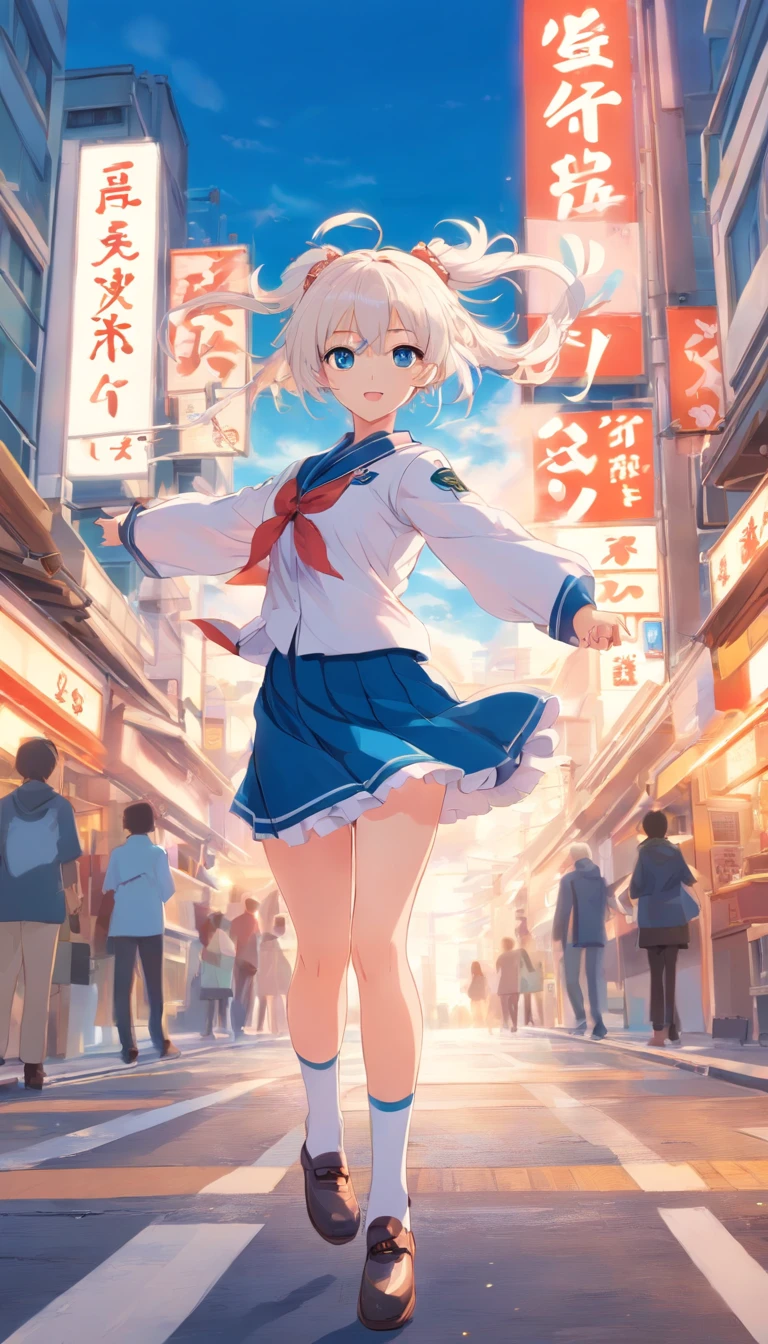 white color hair，Double ponytail curls，blue color eyes，White Lolita，Beth，A bustling city street , Japanese Uniform, Happy, Jump, Full Body, Long Shote