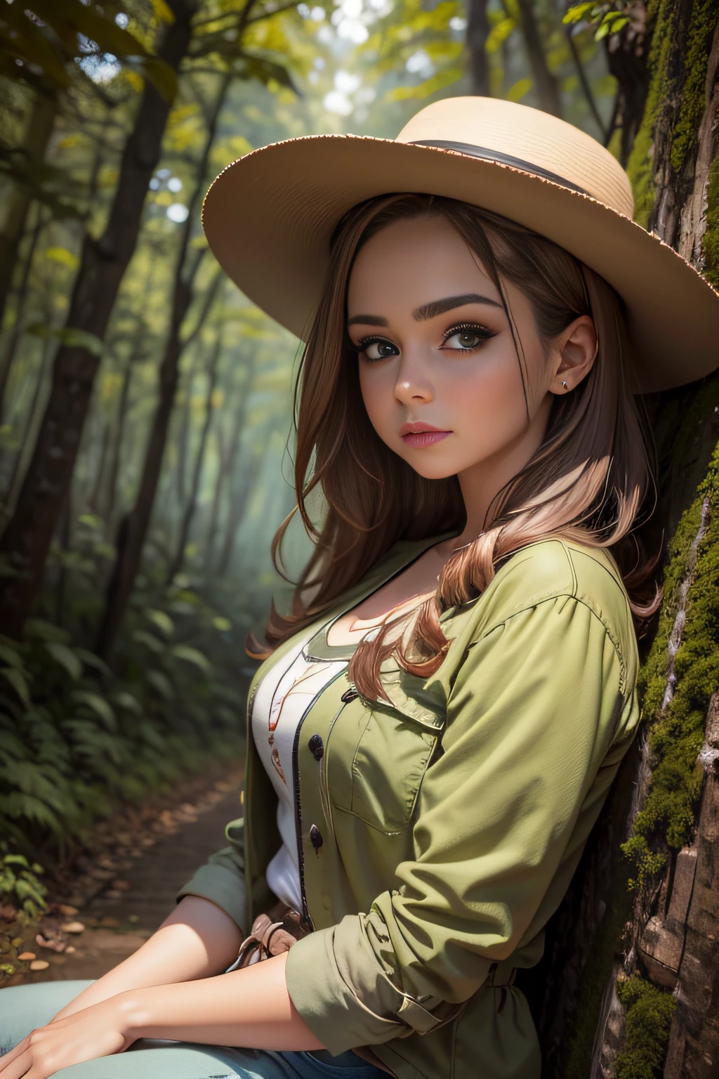 Linda garota no bosque, Rustic clothing, retrato, linda face, olhos verdes, obra-prima, anime, oil-painting, belos contornos, curvas do corpo acentuadas, jovem, esbelta,