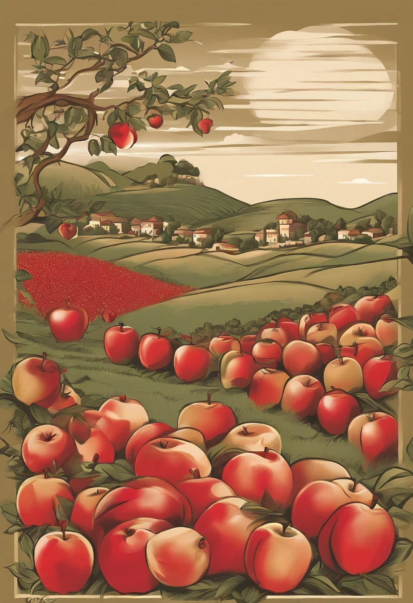 There's a bunch of apples at the front，In the middle there are several people picking full pomegranates，Someone drove an apple to and from the city，Someone introduced Apple in front of the phone screen，There is a pomegranate tree and an apple next to it，Finally there are fields、mont、casa，Traditional Chinese landscape style，brightened light，Scenes in summer，dreamlike illustration，of red and white colors，Flat poster art，Ultra-clear series