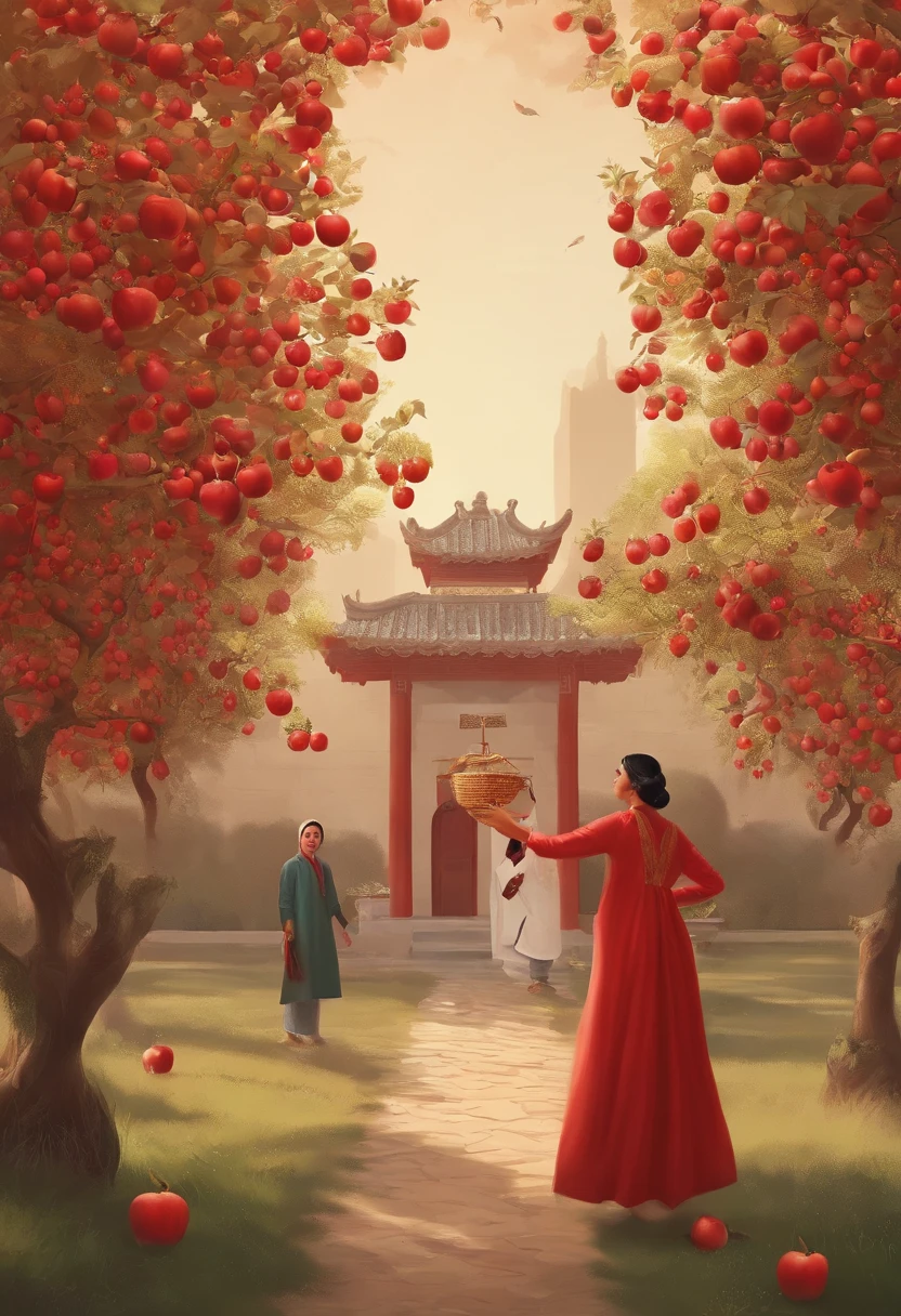 There's a bunch of apples at the front，In the middle there are several people picking full pomegranates，Someone drove an apple to and from the city，Someone introduced Apple in front of the phone screen，There is a pomegranate tree and an apple next to it，Finally there are fields、mont、casa，Traditional Chinese landscape style，brightened light，Scenes in summer，dreamlike illustration，of red and white colors，Flat poster art，Ultra-clear series