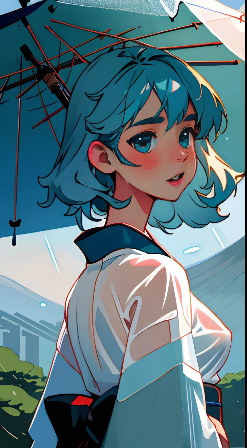 masterpiece,best quality, (Highest picture quality), (Master's work),(8K wallpaper),(Detailed face description), extremely detailed, perfect lighting,highres,reality ray tracing, Fuji Mountain,raining,standing,closeup, portrait, bra, breast,looking back 1girl,young wet girl,blue wet hair,wet fox ears,white transparent kimono,visible areolas, visible nipple, hard nipples, perky tits,see through clothes,