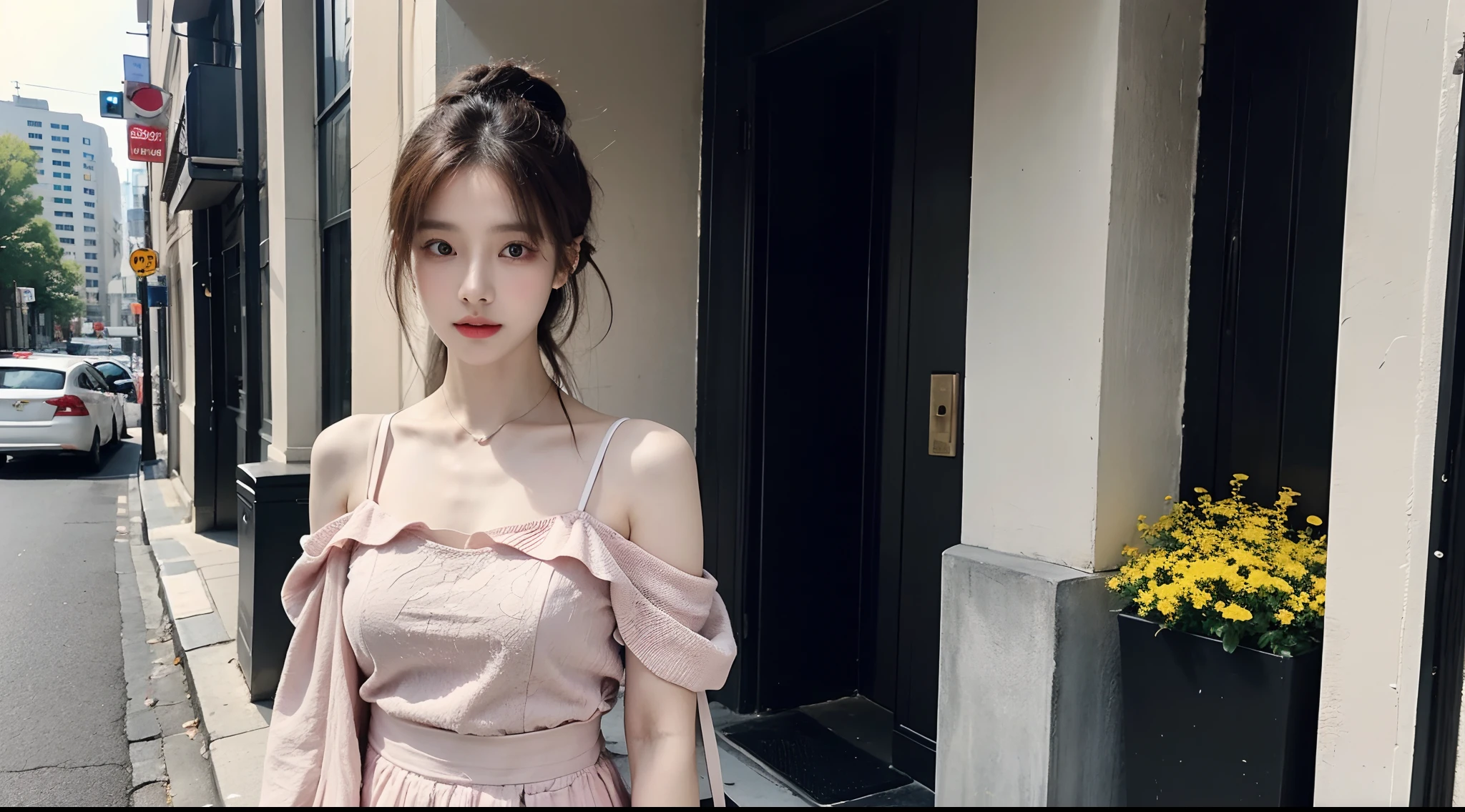 (High-resolution 8K raw photos are realistic,best qualtiy)，Fashion trendy beautiful and charming woman，gentle and charming Chinese beautiful woman，Korea,Kpop idol，delicate and sexy collarbones，charming oval face，二重まぶた，Ingenious[peaches]flower eyes，redish pink lips，small-nose，exposed bare shoulders，focus at face，closeup of face，Hyper-detailing，The shirt pattern is tight，Light shawl small coat，White hip wrapped skirt，Light red hair，Background bokeh，cleavage，long leges，(Seven-doppelganger shot，中景 the scene is，Solo：1.4)，Lace，lacing，head gear， Fresh and impressive， natural color，(pedestrian street，cbd,rays of sunshine，outside，LV shoulder bag for women，cellular phone)，Front light，Sitting on the side of the street，deck chair