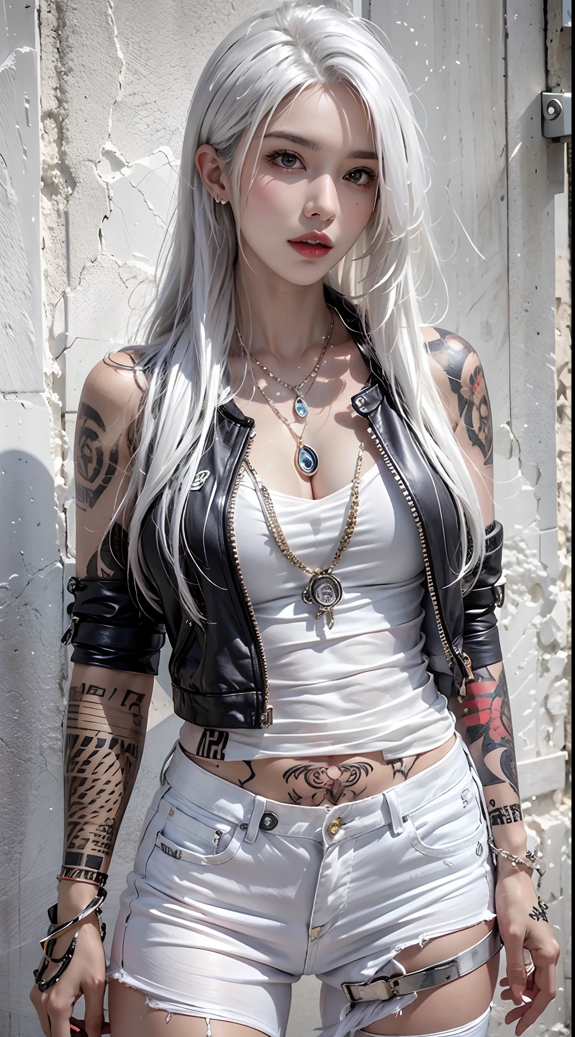 high resolution, 1 woman, hips up, Long hair, jewelry, tattoo, white hair, street wear