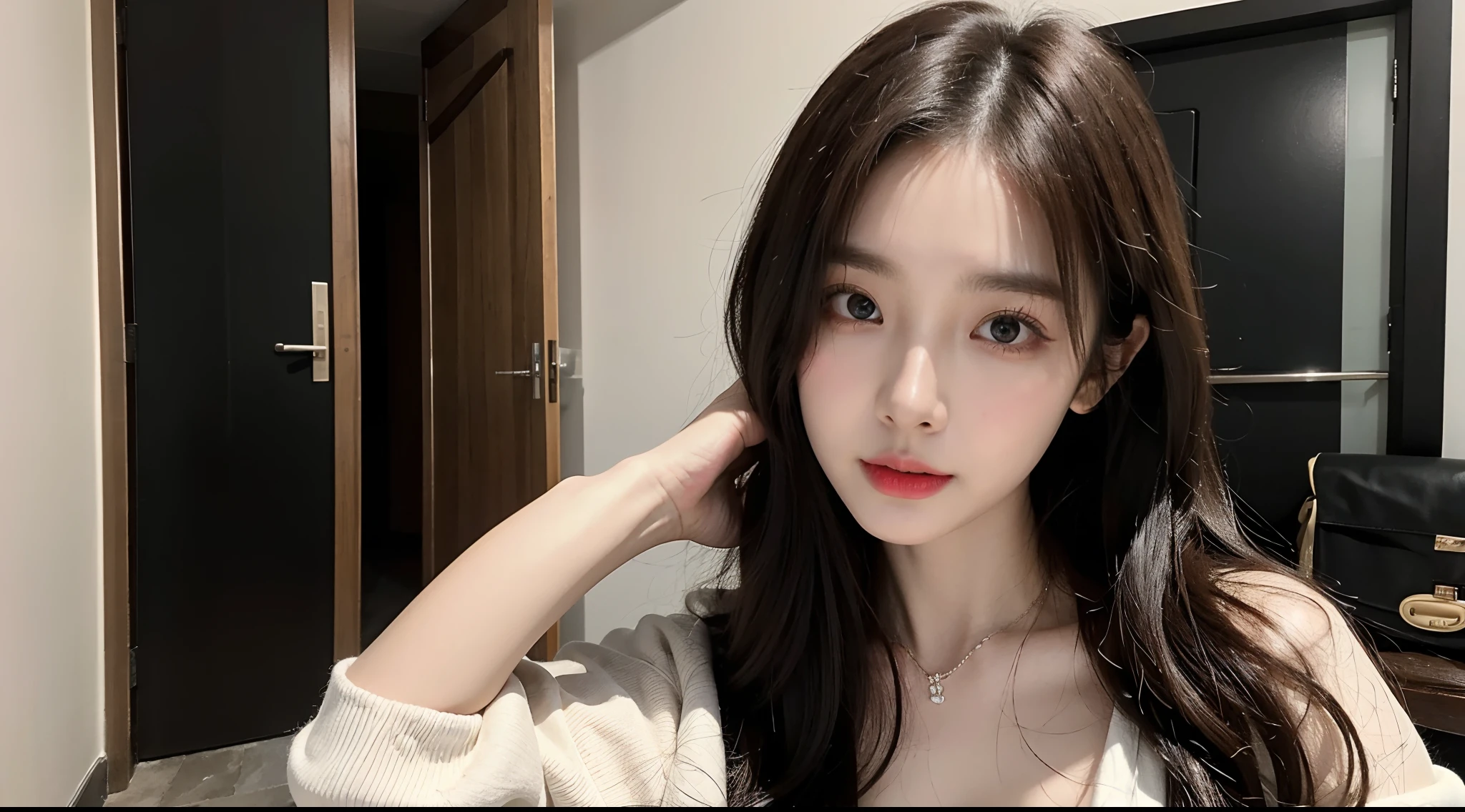 masutepiece, Best Quality, Illustration, Ultra-detailed, finely detail, hight resolution, 8K Wallpaper, Perfect dynamic composition, Beautiful detailed eyes, Gorgeous black fluffy Tokyo winter clothes,random cute hair,small tits,Natural Color Lip, Bold sexy poses,Smile、20 years girl、Cute、Sexy shot looking at camera,常にBlur the background,Perfect and beautiful face,Take only the face,beautiful and detailed face、slim face and style,Big eyes、Do gal makeup、Living room of luxury designer tower apartment、Blur the background、Cute hairstyles、pretty pose、Piece towards the camera