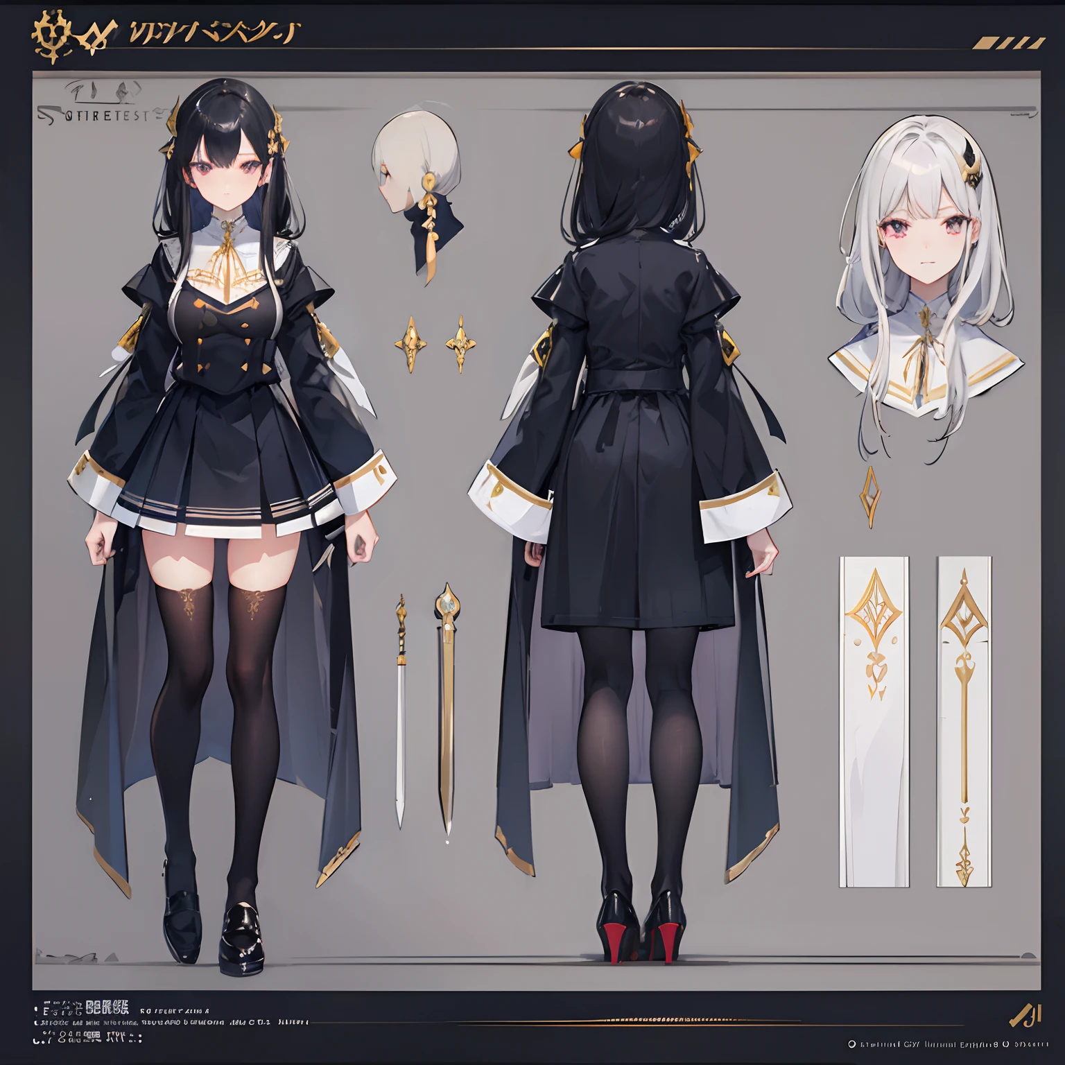 (masuter piece,Best Quality,Ultra-detailed), (Character Sheet:1.2),Full body, School uniform, Front view, Side view, posterior view, Golden Eyes, Glowing pupils, delicate hair ornaments, long straight black hair, Twin-tailed, bow ribbon, lightsmile, 校服, Reference table, nffsw, ccurate, Super Detail, solidbackground, high detailing, 4K,Dagger decoration,the same character