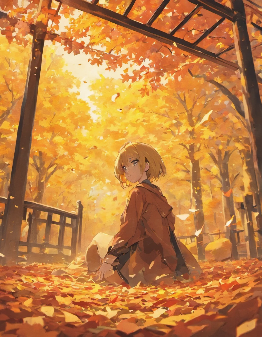 official aesthetics,art of photography,Autumn view,The picture should have the sky and lawn,There are falling ginkgo leaves in the sky,Golden Ginkgo biloba,falling leaf,((There is a wooden coffee table in the middle)),Canon 5D,F2.8,70mm