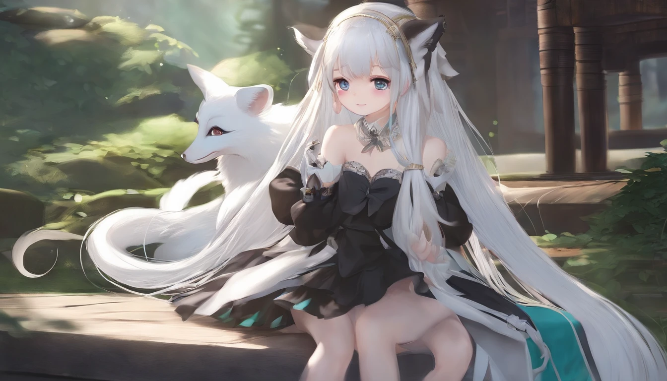 a cute ，fox spirit，Long straight white hair，Short white sleeves and short black skirt open navel，duck sitting，Cyan vertical pupils，Wearing white stockings
