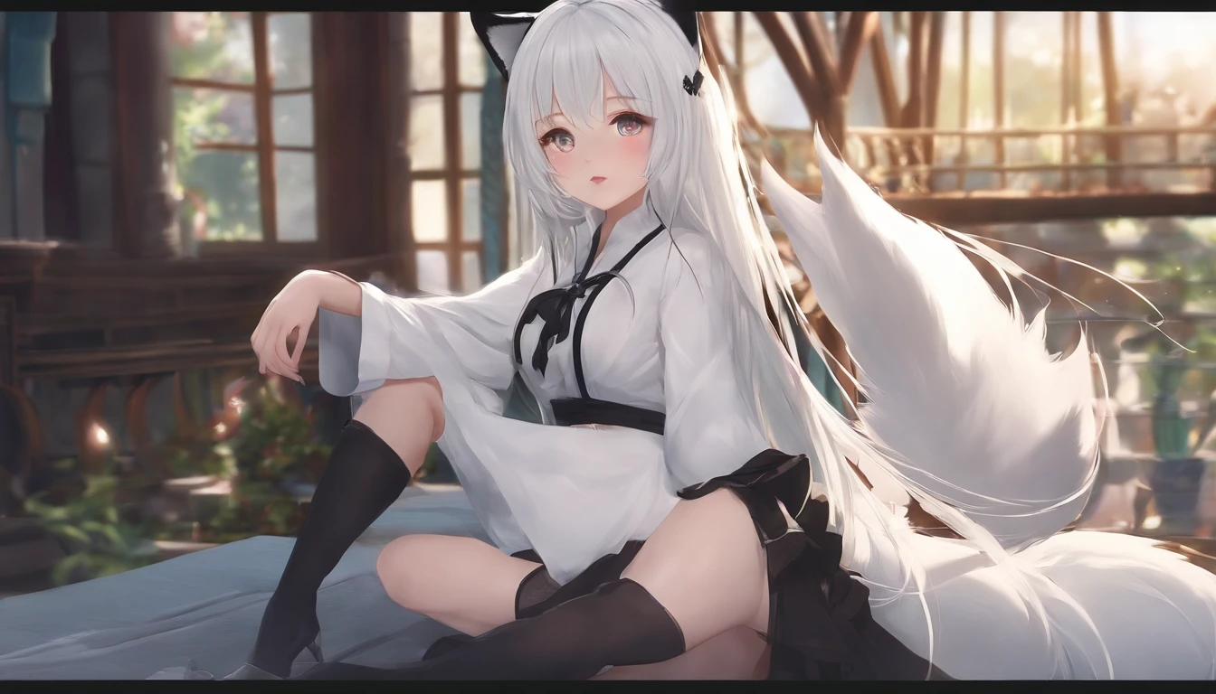 Anime girl sucking dick, no clothes, white hair, cat ears, spreading legs showing pussy and boobs, close up