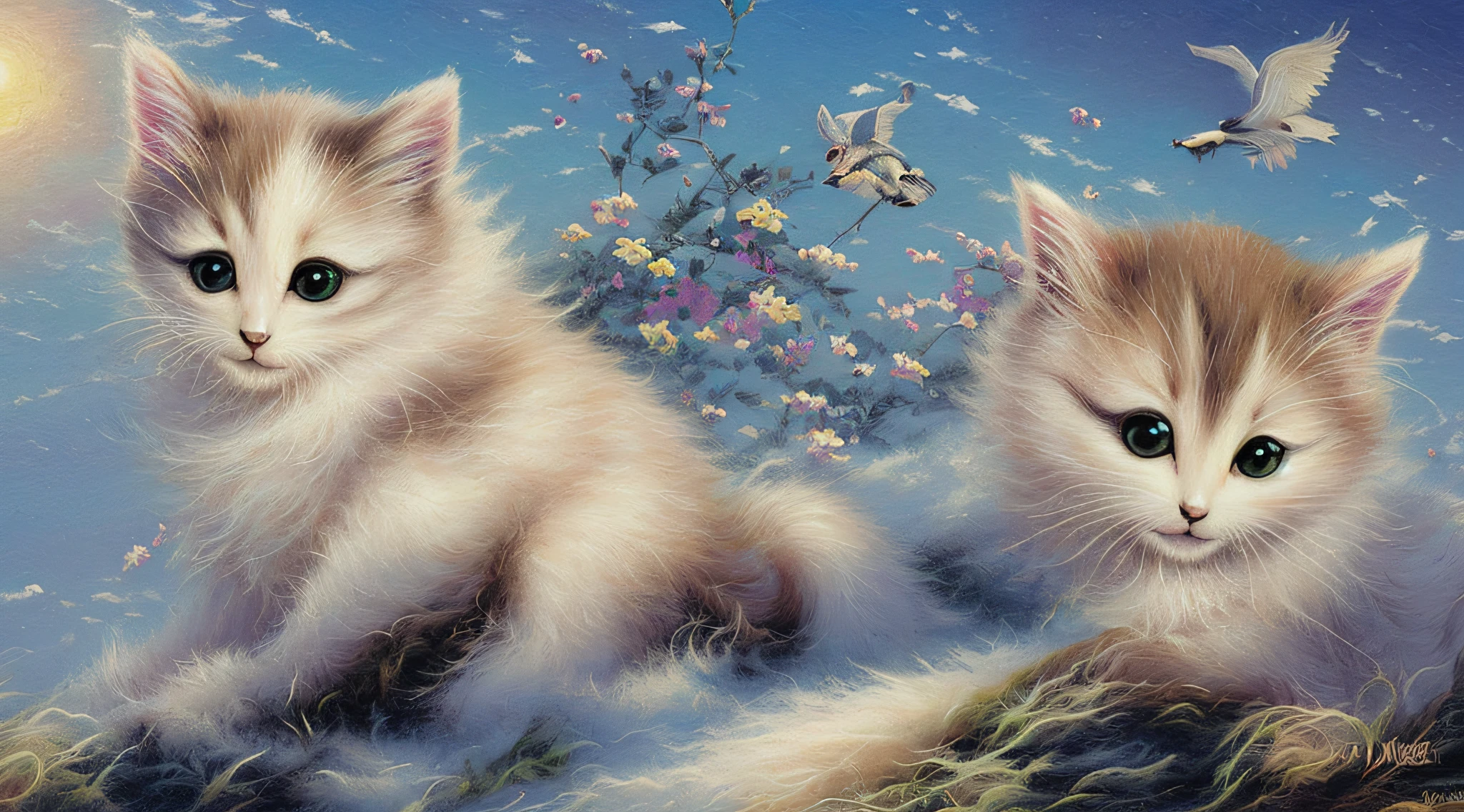 superadorable, supercute, adorable, cute, fluffy, fluffy, cuddly, itty bitty kitty by artist "Thomas Kinkade", by artist "Hayao Miyazaki", quilling, anime, insanely detailed and intricate, beautiful, realistic, ethereal, fantasy, hyperdetailed, mist,serene. detailed, realistic