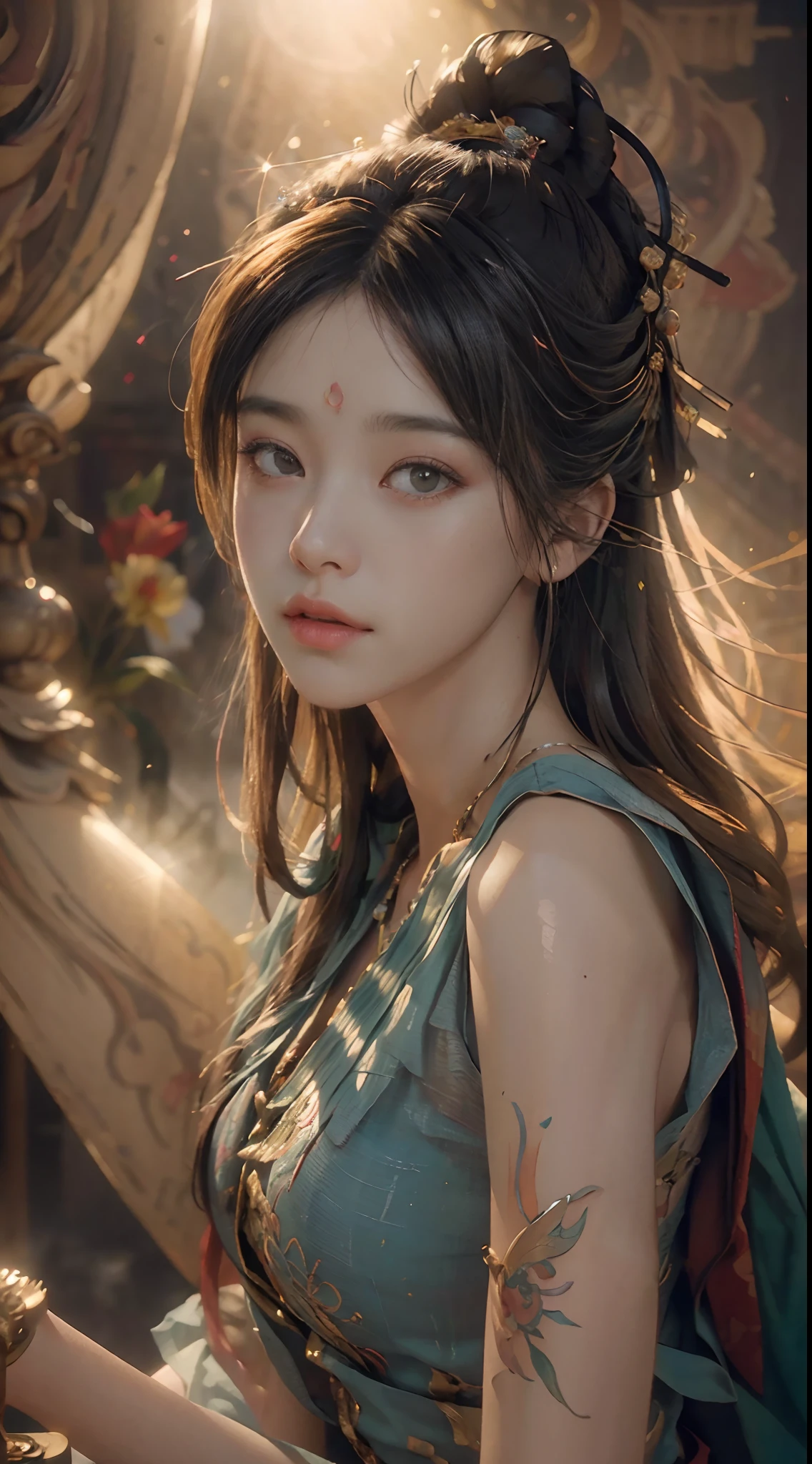 (RAW photo, best quality), (realistic, photo-realistic:1.3),best quality,highly detailed,masterpiece,ultra-detailed,illustration,1girl,upper_body,dynamic angle,world masterpiece theater,messy_long_hair,best quality,extremely detailed CG unity 8k wallpaper,ink,Amazing,cinematic lighting,lens_flare, dunhuang_style