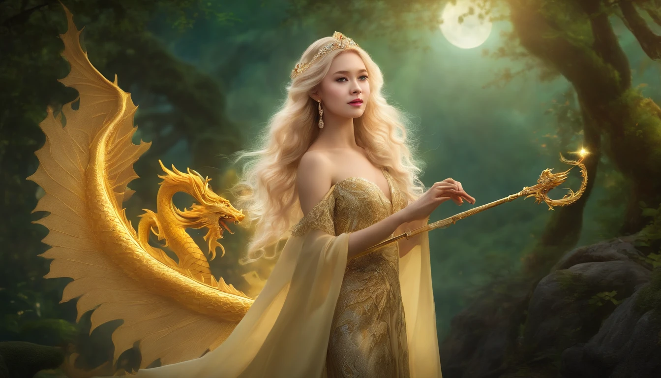 Princess (Blonde hair, Wearing a long dress, Holding a magic wand), Background (forest, Moon), Chinese Dragon (One, Five-clawed golden dragon, Wings), Riding the Dragon Princess