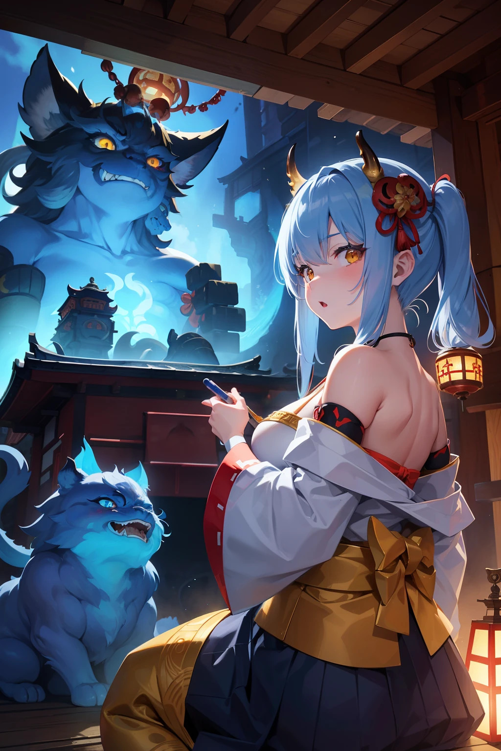 Create exquisite illustrations reminiscent of Makoto Shinkai's style, It is characterized by its ultra-fine details and top-notch quality Create an illustration where four creatures appear before a shrine maiden, looking down upon her.

Blue Oni (Blue Demon): Depict a blue oni with a terrifying, mask-like face, looking down menacingly at the shrine maiden.
Golden Komainu Monster (Golden Komainu): Position a komainu monster, engulfed in golden flames, to the right of the blue oni. Illustrate it with a slightly open mouth, as if it's mocking the shrine maiden.
Namazu-like Creature (Catfish-like monster): Place a creature resembling a namazu, with hands, in a lower position to the left of the komainu. Its color should be gray. It should be looking at the shrine maiden with a sense of curiosity or concern.
Cat (catss): Draw a cat below the namazu-like creature, gazing quietly at the shrine maiden.