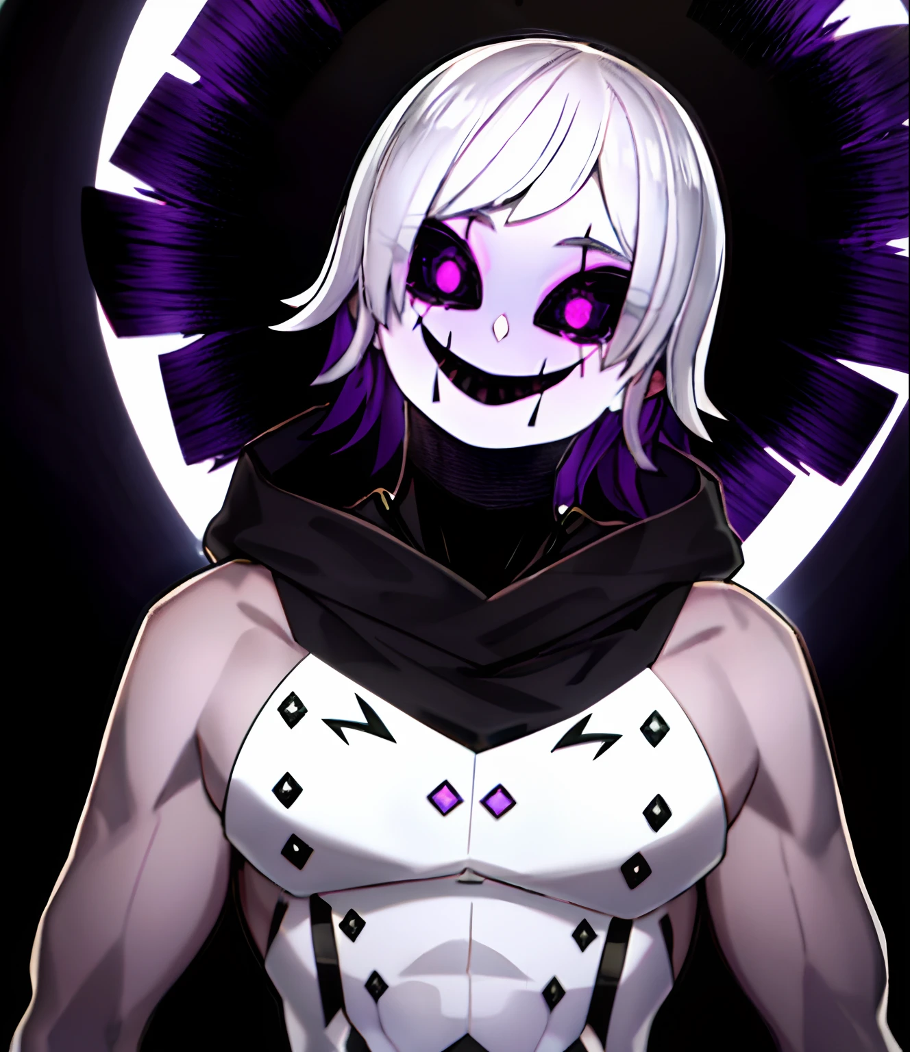 Extremely pale male character with black eyes and purple iris, ele tem uma mancha negra na boca e em volta dos olhos formando um sorriso macabro