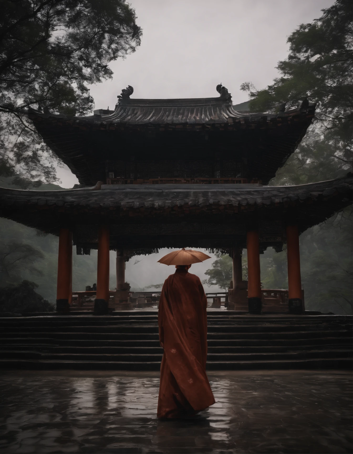 A girl wearing a Hanfu umbrella,Behind him is the temple,Walking alone in heavy rain,In the distance are mountains and waterfalls,tmasterpiece,Masterpiece,rich details,Da Vinci color grading,4D cinematic texture