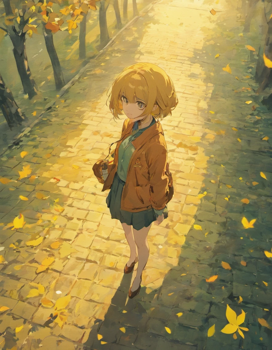 Official aesthetics,The art of photography,Autumn scenery,The photo requires sky and lawn,Gingko leaves are falling in the sky,Golden ginkgo biloba,leaves falling,((There is a wooden coffee table in the middle)),Canon 5D,F2.8,70mm、Woman Standing Far Away、独奏