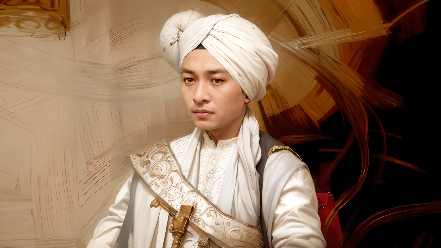 Realistic portrait of a man in a turban with a sword, beautiful eyes, 30 years old, photorealistic, Indonesia face, raden saleh