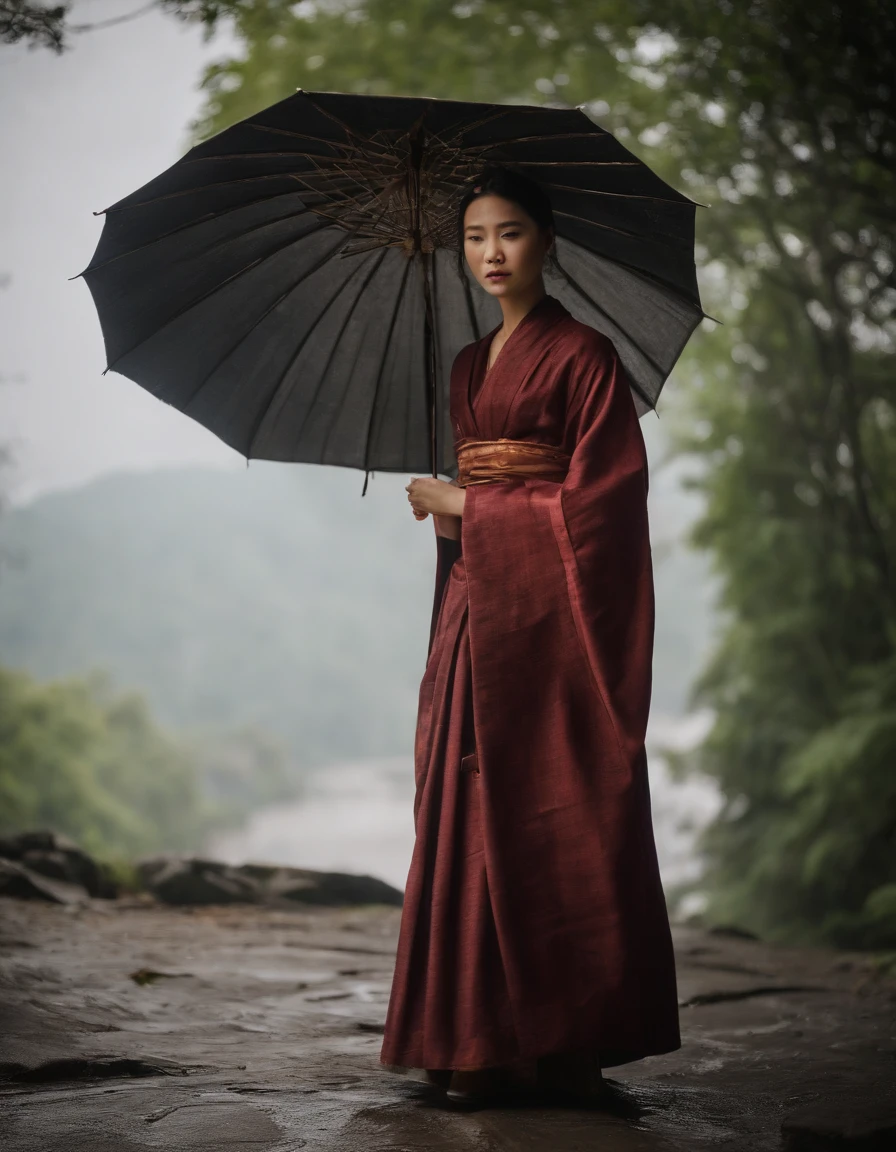 Girl wearing a Hanfu umbrella,Behind him is the temple,Walking alone in heavy rain,In the distance are mountains and waterfalls,tmasterpiece,Masterpiece,rich details,Da Vinci color grading,4D movie textures