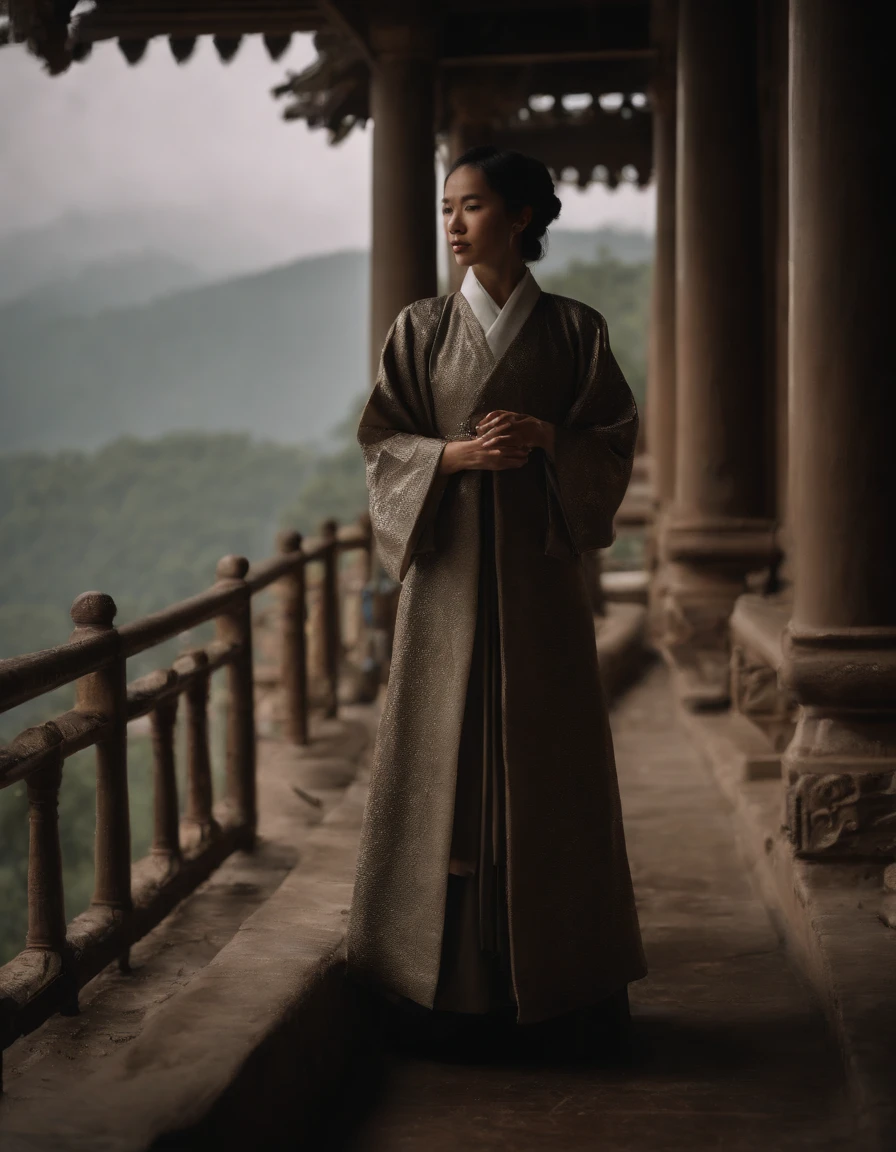 Girl wearing a Hanfu umbrella，Behind him is the temple，Walking alone in heavy rain，In the distance are mountains and waterfalls，tmasterpiece，Masterpiece，rich details​，Da Vinci color grading，4D movie textures
