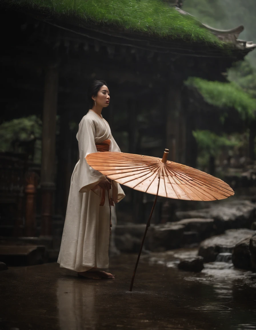 Girl wearing a Hanfu umbrella，Behind him is the temple，Walking alone in heavy rain，In the distance are mountains and waterfalls，tmasterpiece，Masterpiece，rich details​，Da Vinci color grading，4D movie textures