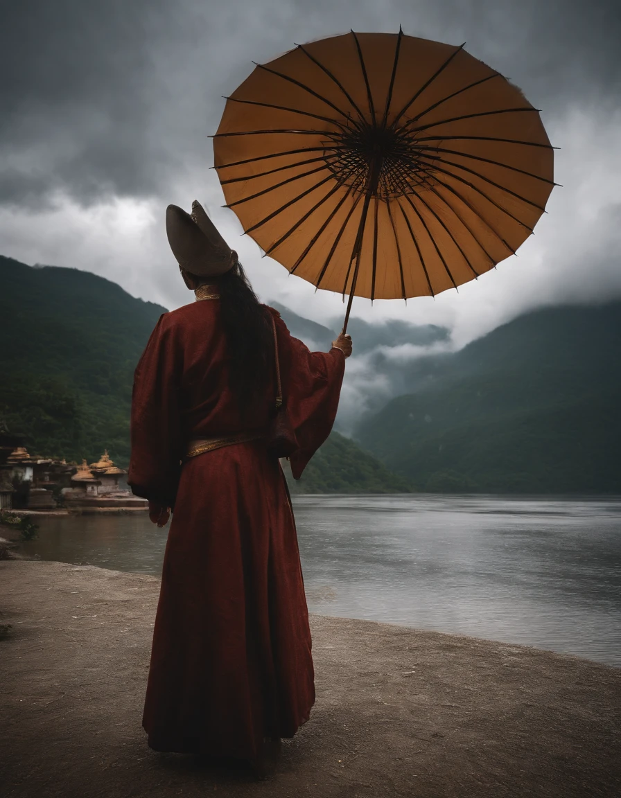 Girl wearing a Hanfu umbrella，Behind him is the temple，Walking alone in heavy rain，In the distance are mountains and waterfalls，tmasterpiece，Masterpiece，rich details​，Da Vinci color grading，4D movie textures