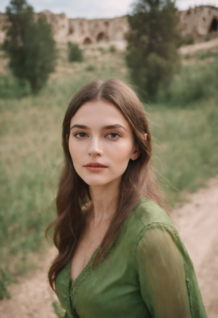 120mm photograph medium format film photography Kodak portra young, Russian Girl, 22yo, green tight outfit, tall woman, beauty. Background Cappadocia, Joyful, Emphasisers, Muted Colours, Hasselblad