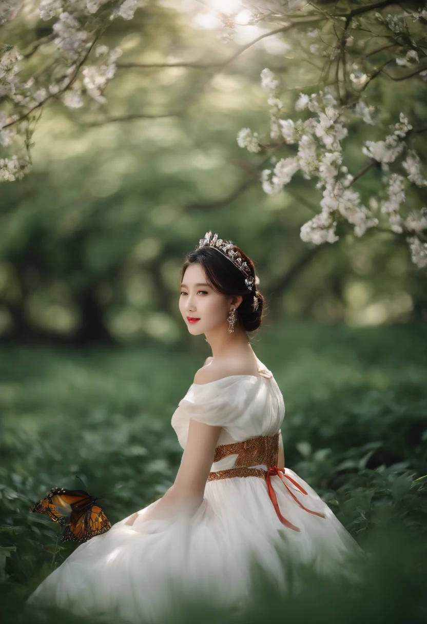 ,Masterpiece, Best quality,8K, 超高分辨率,Reallightandshadow,Cinema lenses,(beautidful eyes:1.1), ((中景 the scene is,The upper part of the body)),dynamicposes,On a green meadow,The gentle goddess came with gentle steps。She wore a white dress,A gentle breeze blows,The skirt dances lightly。The sun shone through the leaves in her hair,Reflecting her clear eyes and gentle smile。Colorful butterflies flutter around her,Flowers bloomed at her feet,It was as if nature was cheering for her。