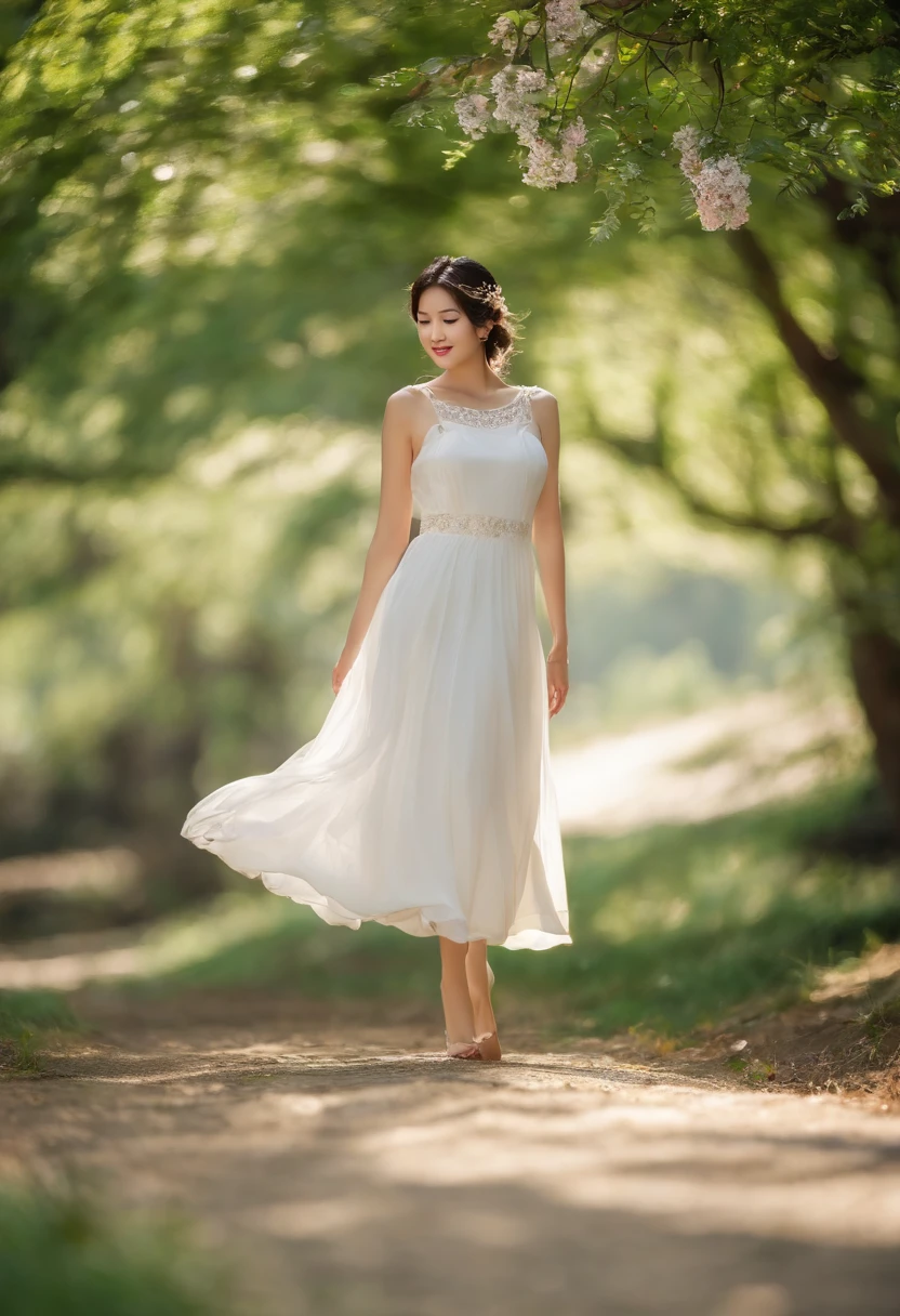 ,Masterpiece, Best quality,8K, 超高分辨率,Reallightandshadow,Cinema lenses,(beautidful eyes:1.1), ((中景 the scene is,The upper part of the body)),dynamicposes,On a green meadow,The gentle goddess came with gentle steps。She wore a white dress,A gentle breeze blows,The skirt dances lightly。The sun shone through the leaves in her hair,Reflecting her clear eyes and gentle smile。Colorful butterflies flutter around her,Flowers bloomed at her feet,It was as if nature was cheering for her。